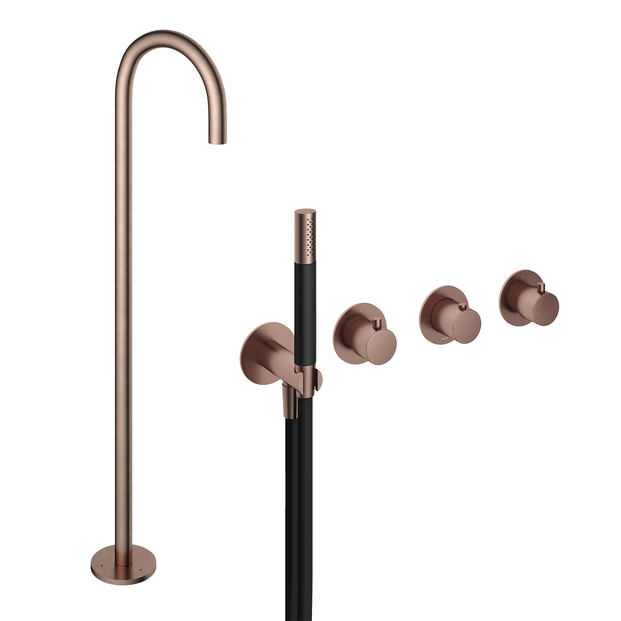 cobber 4 hole wall mounted shower handset with floorstanding bath spout brushed copper pvd