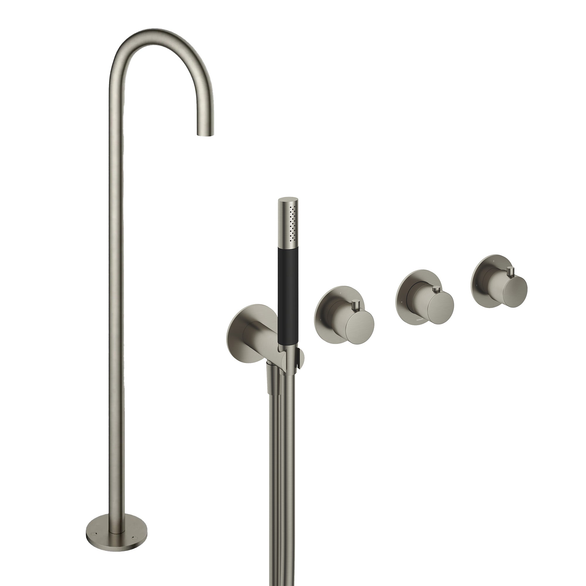 cobber 4 hole wall mounted shower handset with floorstanding bath spout brushed nickel