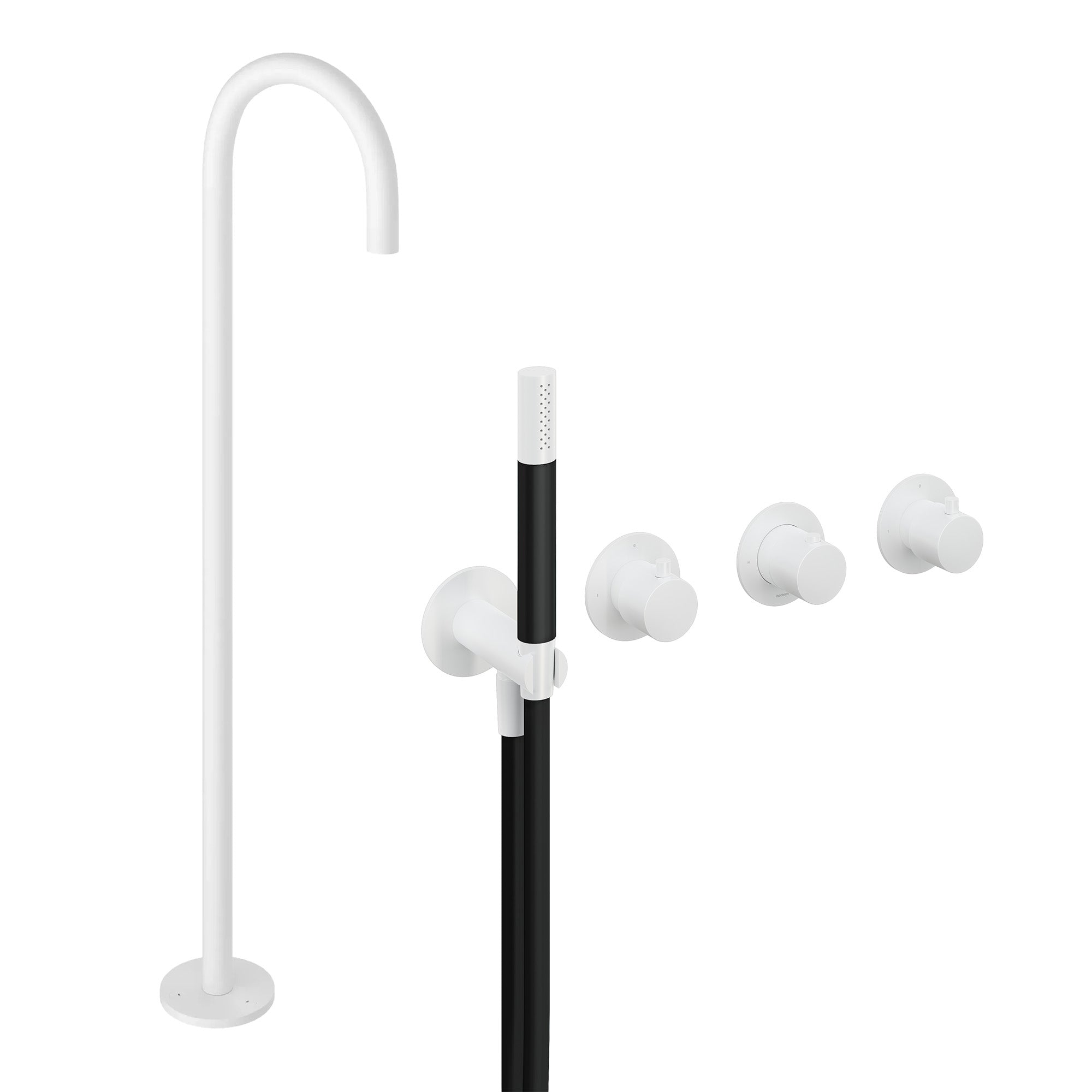 cobber 4 hole wall mounted shower handset with floorstanding bath spout matt white