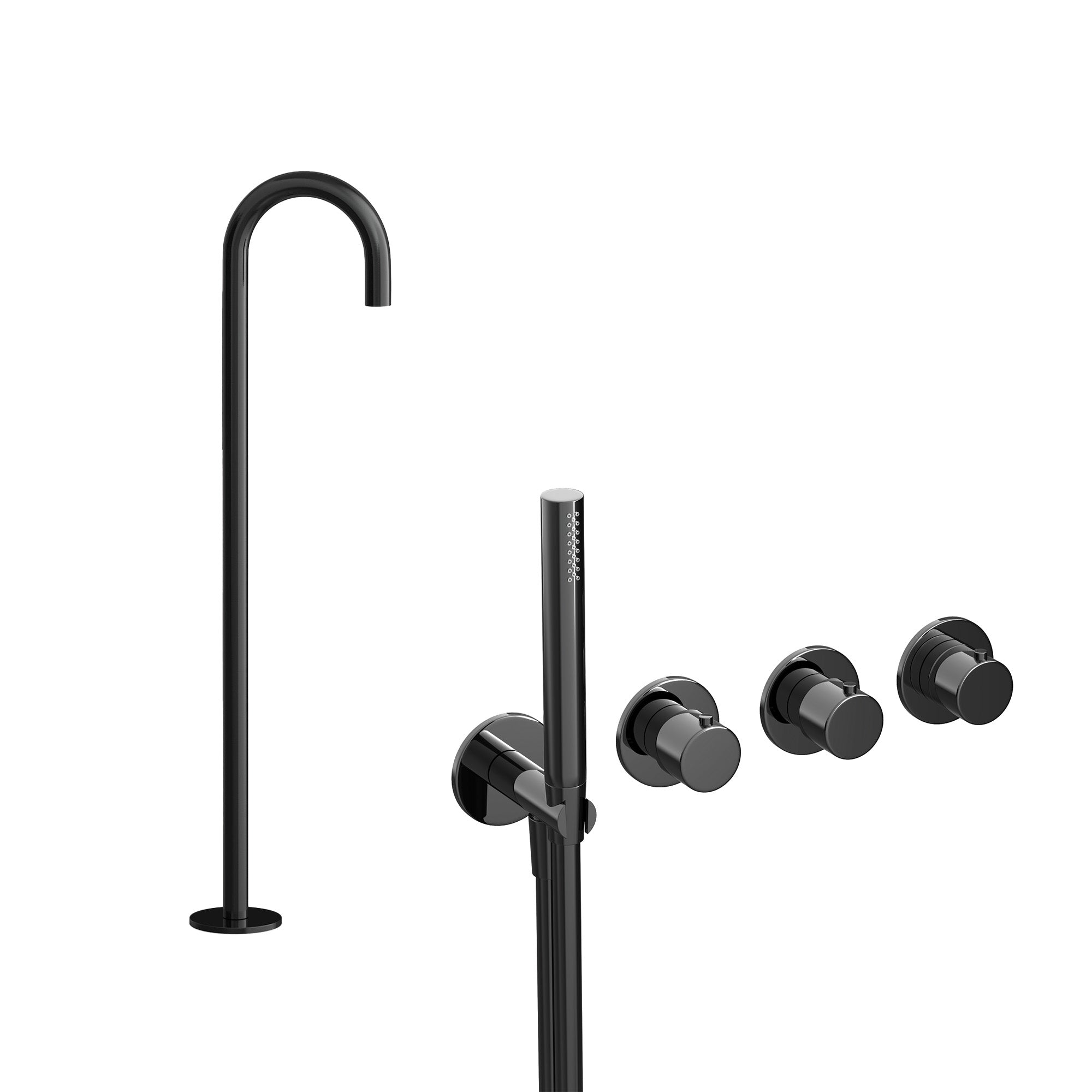 cobber 4 hole wall mounted shower handset with floorstanding bath spout polished black pvd