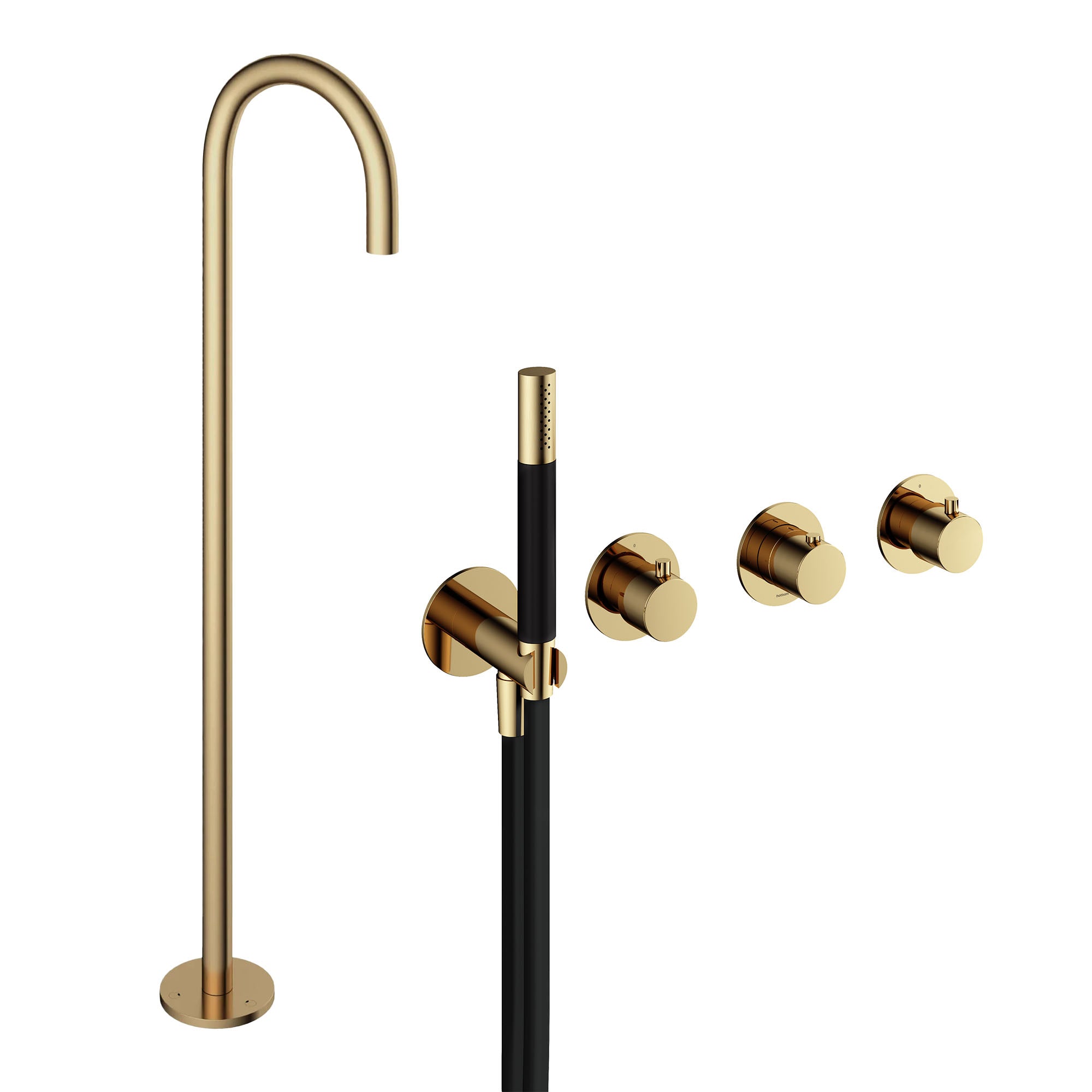 cobber 4 hole wall mounted shower handset with floorstanding bath spout polished brass