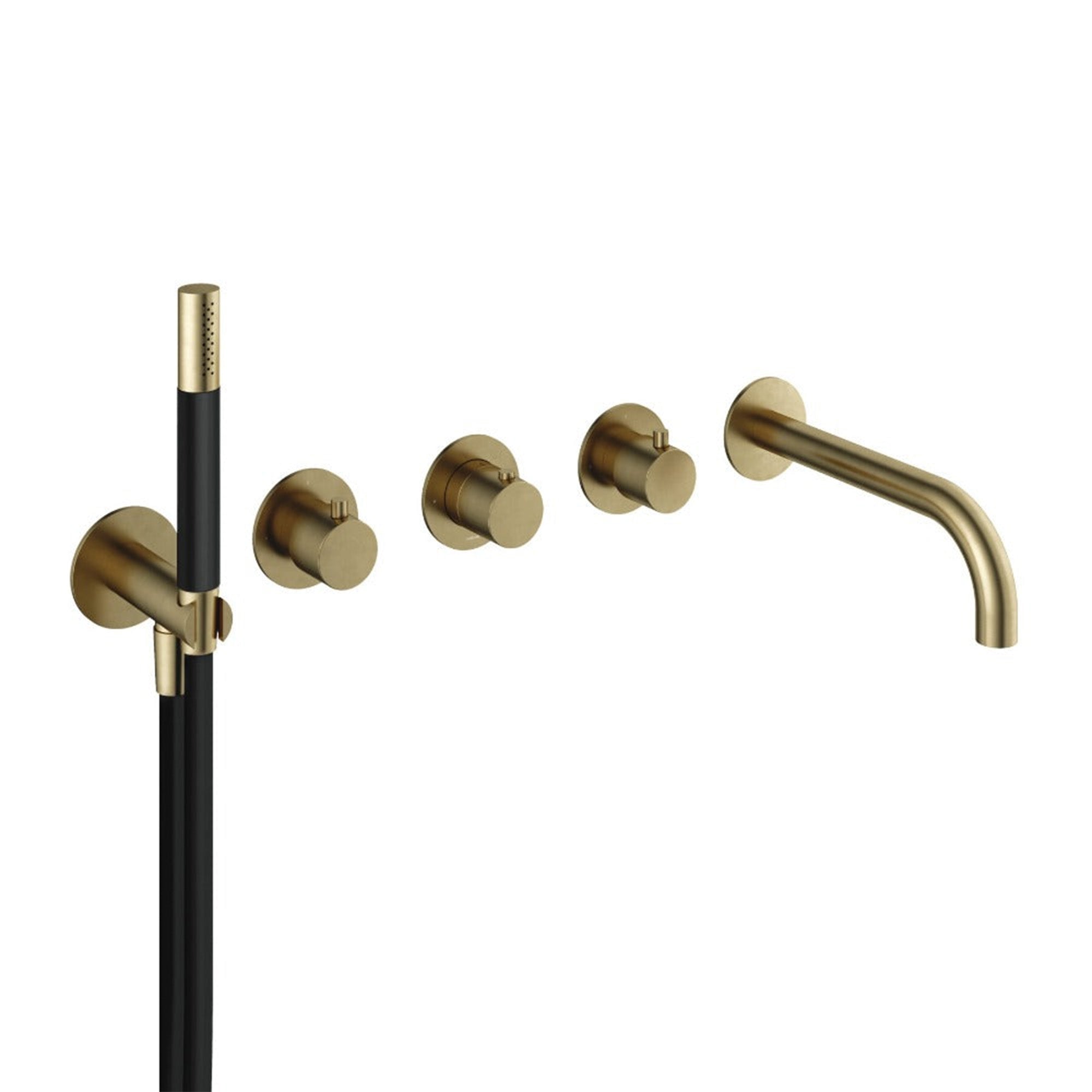 cobber 5 hole wall mounted bath filler with spout and handset brushed brass