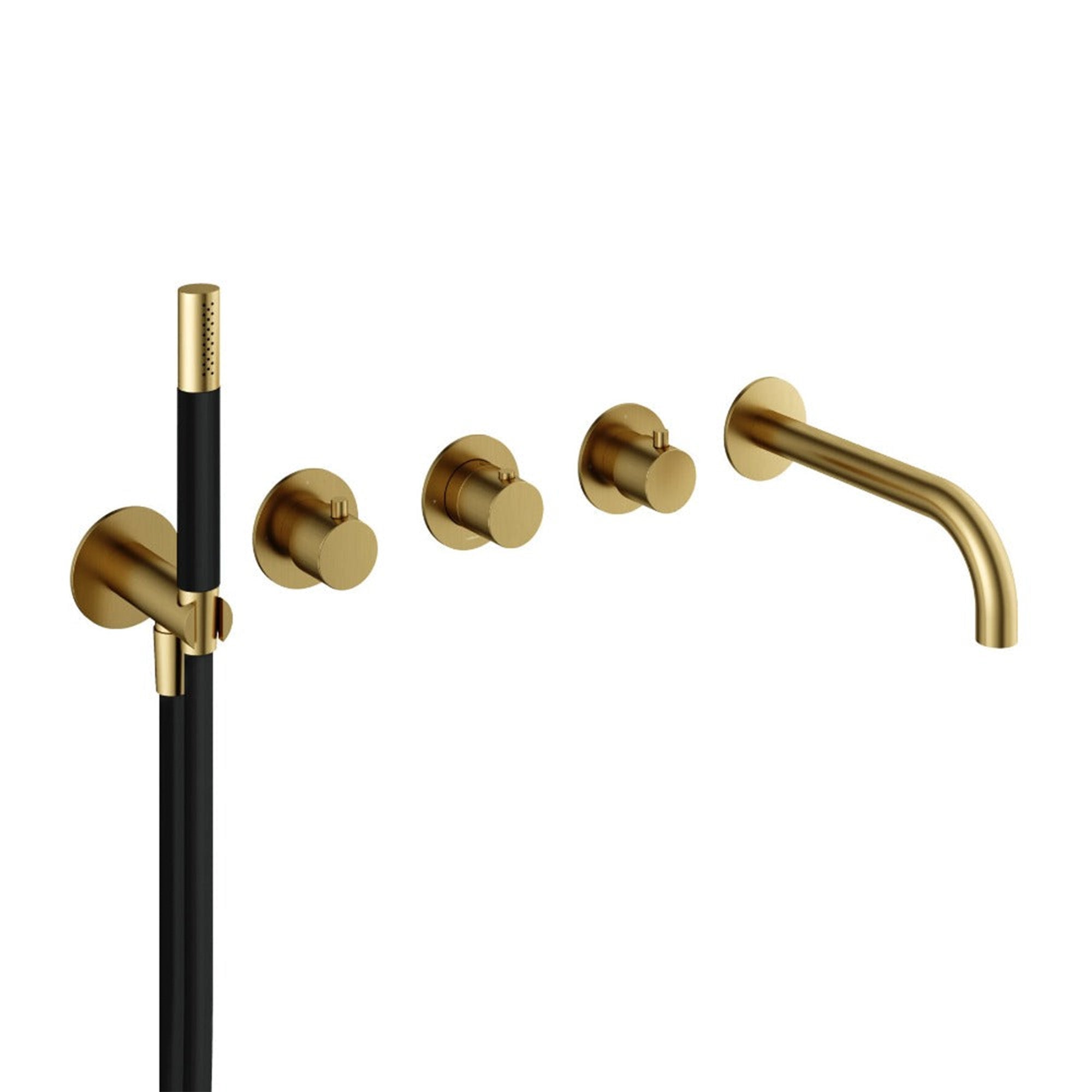 cobber 5 hole wall mounted bath filler with spout and handset brushed brass pvd