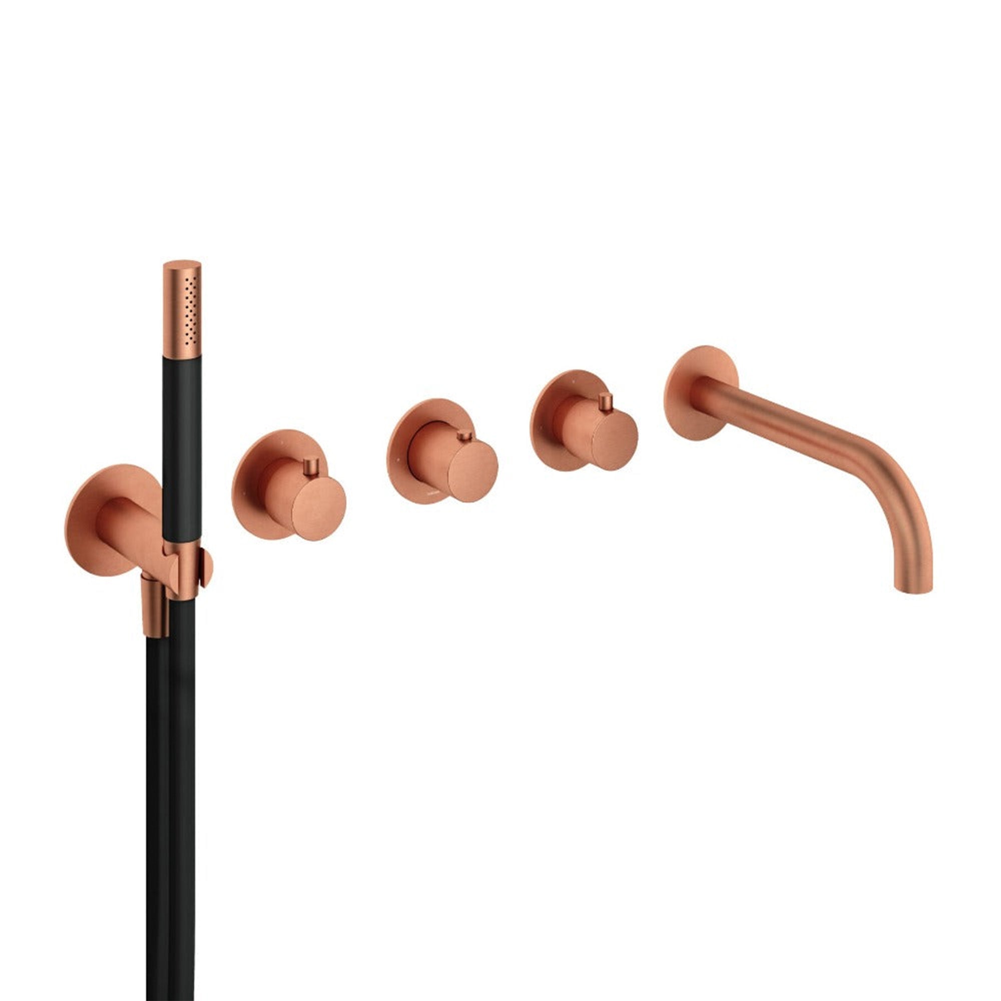 cobber 5 hole wall mounted bath filler with spout and handset brushed copper