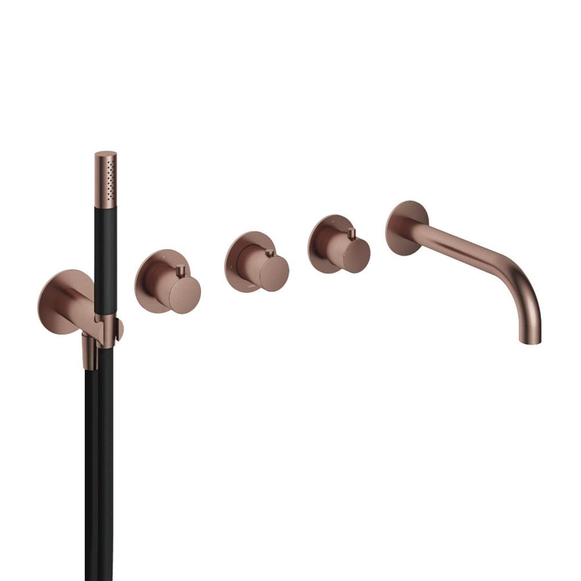 cobber 5 hole wall mounted bath filler with spout and handset brushed copper pvd