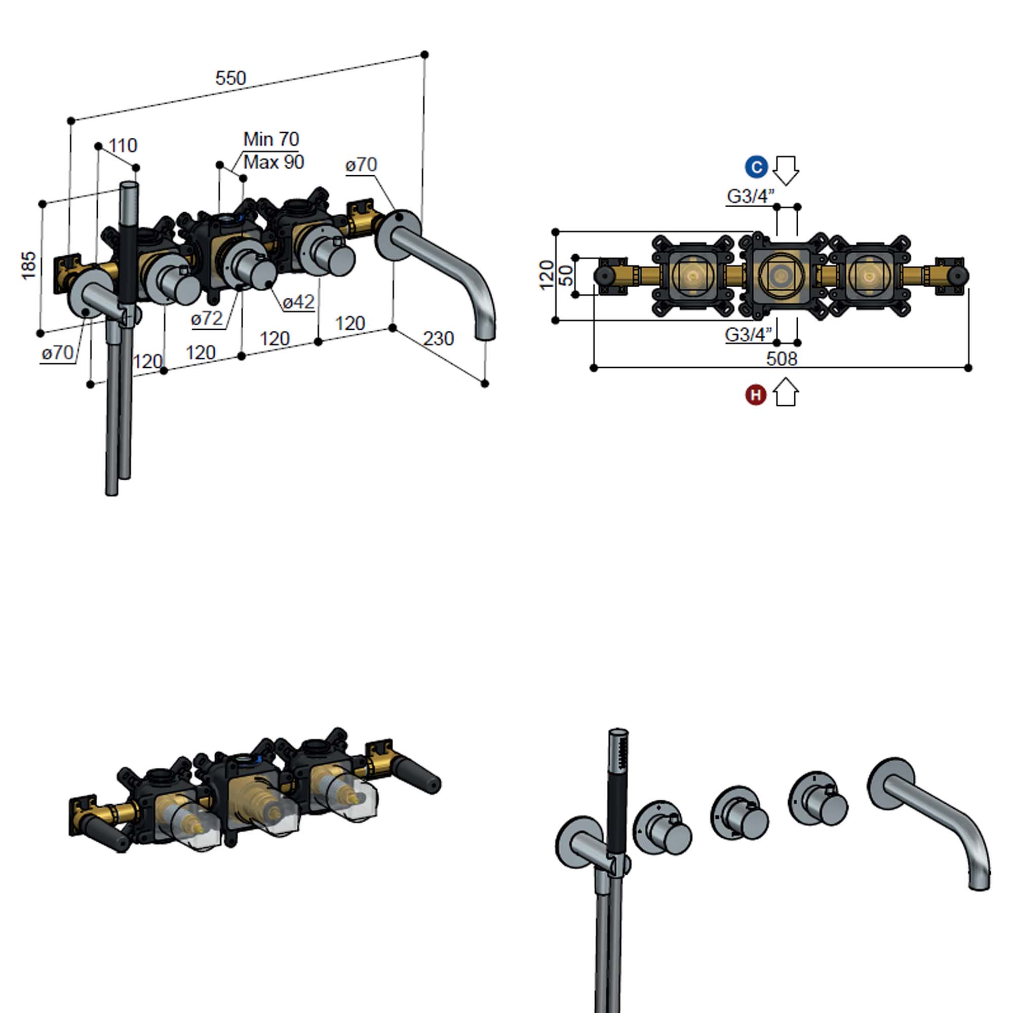 cobber 5 hole wall mounted bath filler with spout and handset dimensions