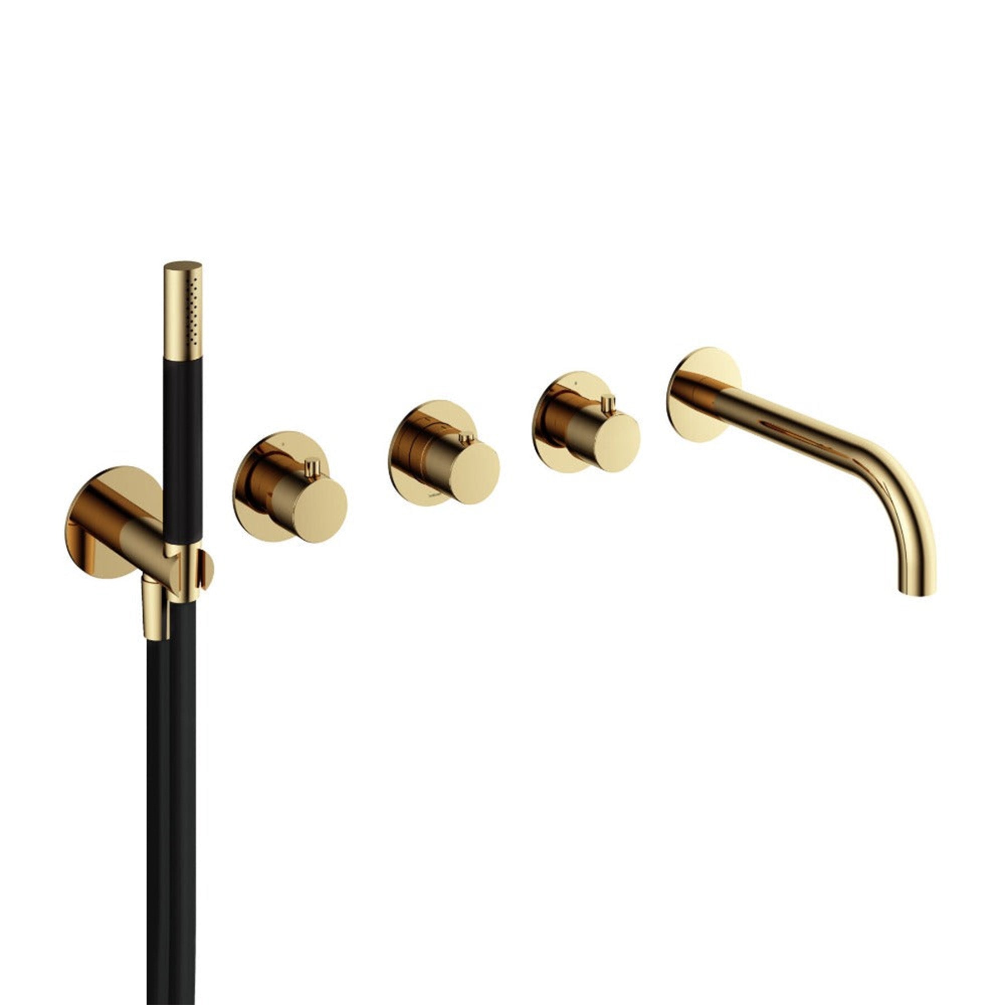 cobber 5 hole wall mounted bath filler with spout and handset polished  brass