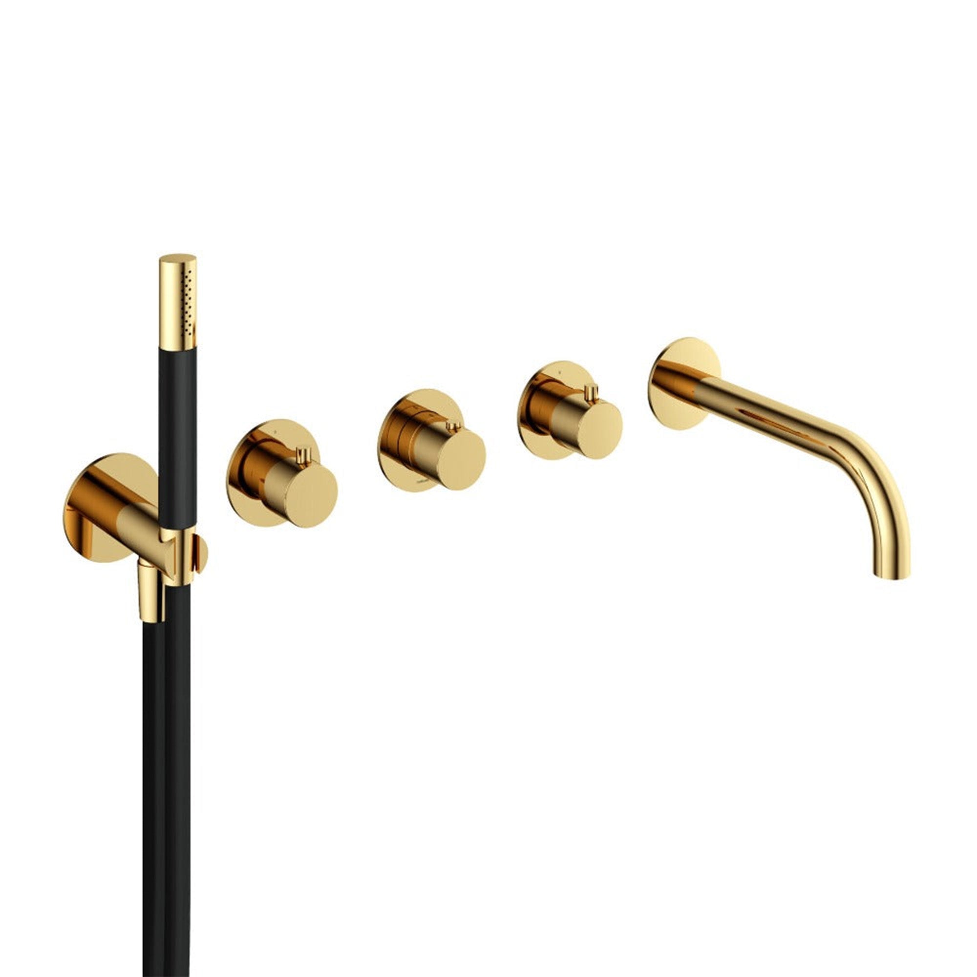 cobber 5 hole wall mounted bath filler with spout and handset polished brass pvd