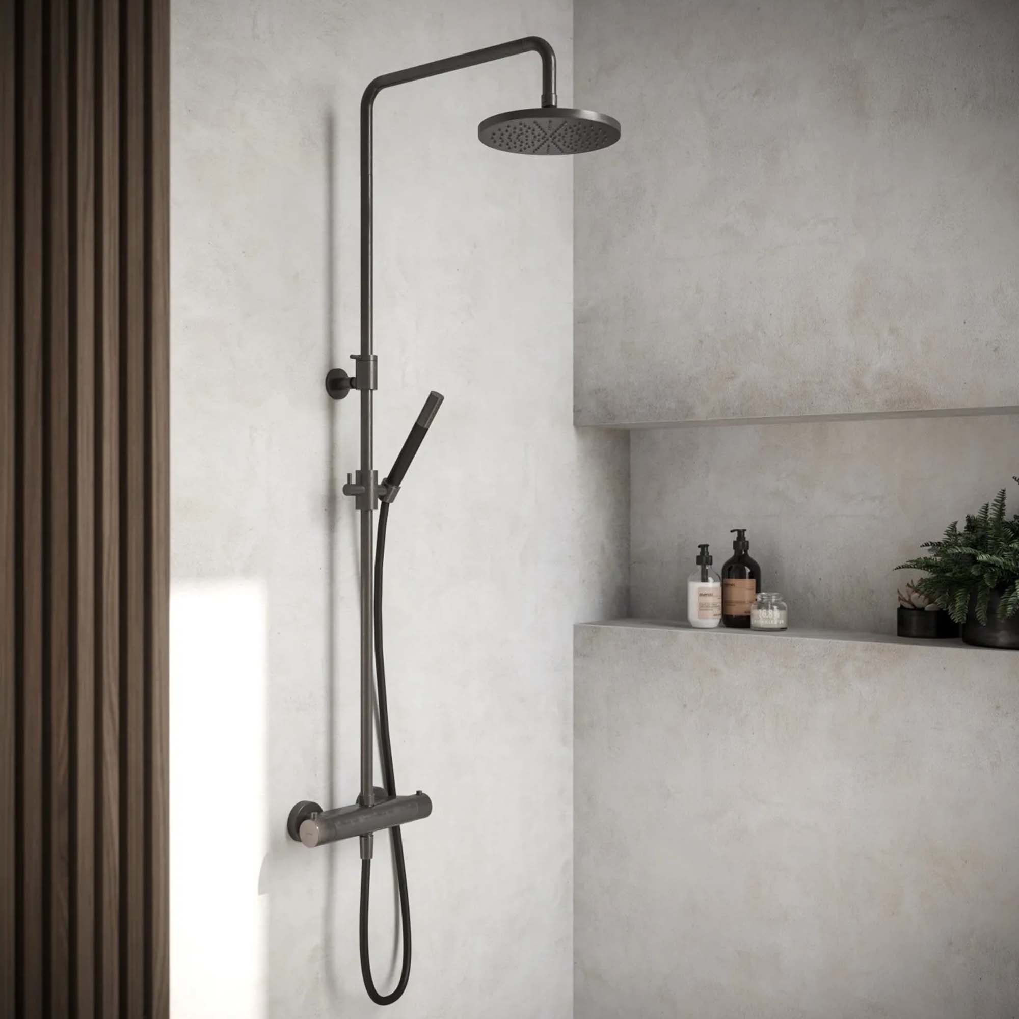 cobber exposed thermostatic rigid riser shower with pencil handset aged iron