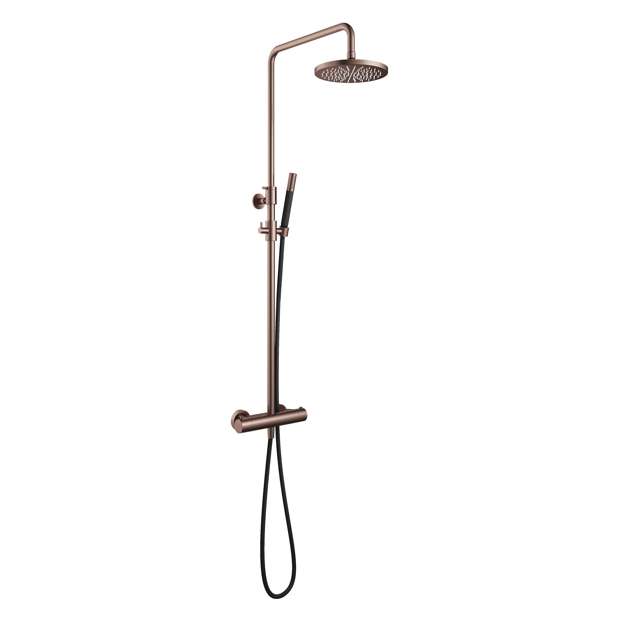 cobber exposed thermostatic rigid riser shower with pencil handset brushed copper pvd