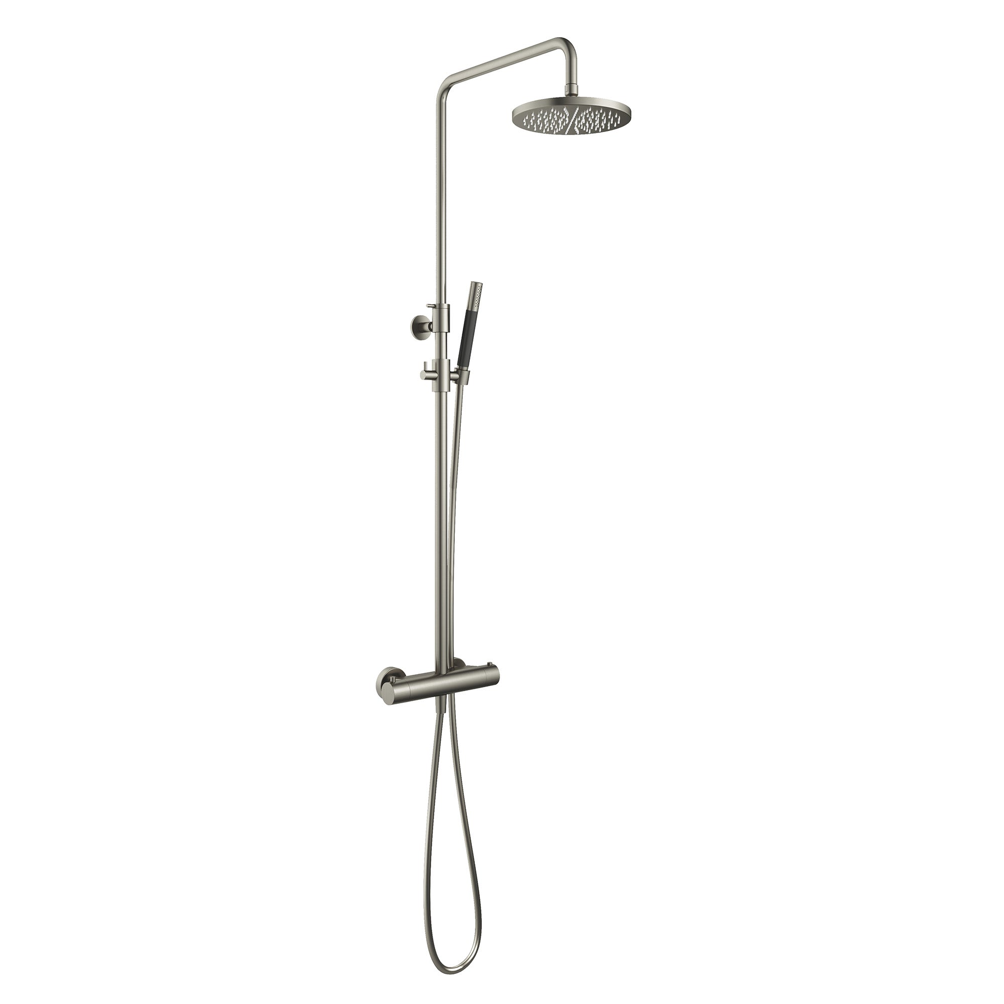 cobber exposed thermostatic rigid riser shower with pencil handset brushed nickel