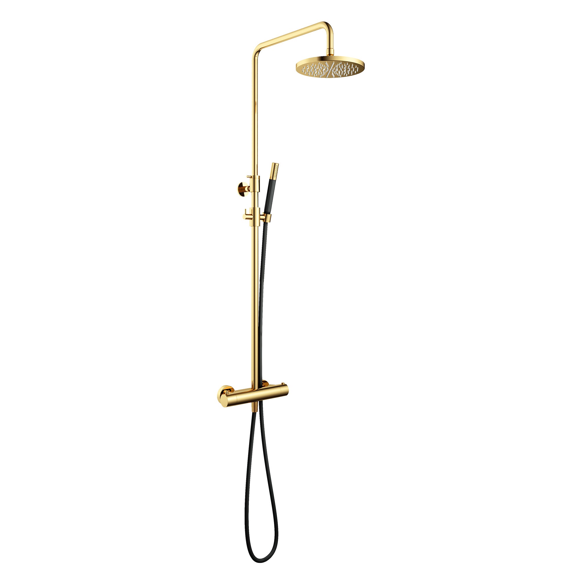 cobber exposed thermostatic rigid riser shower with pencil handset polished brass pvd