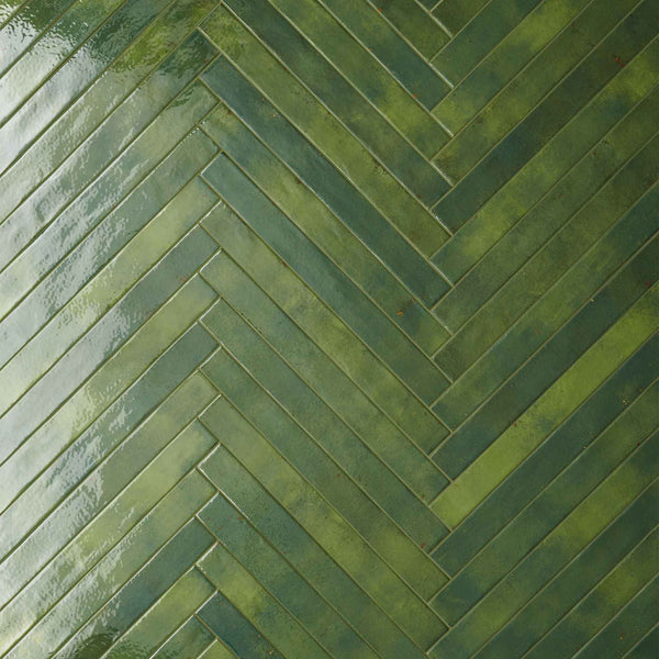 colours green porcelain wall tile 4-8x45cm gloss herringbone