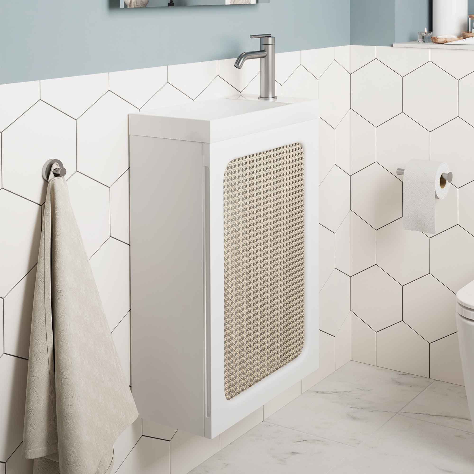 crosswater alo 400 wall mounted cloakroom vanity unit with basin white and rattan