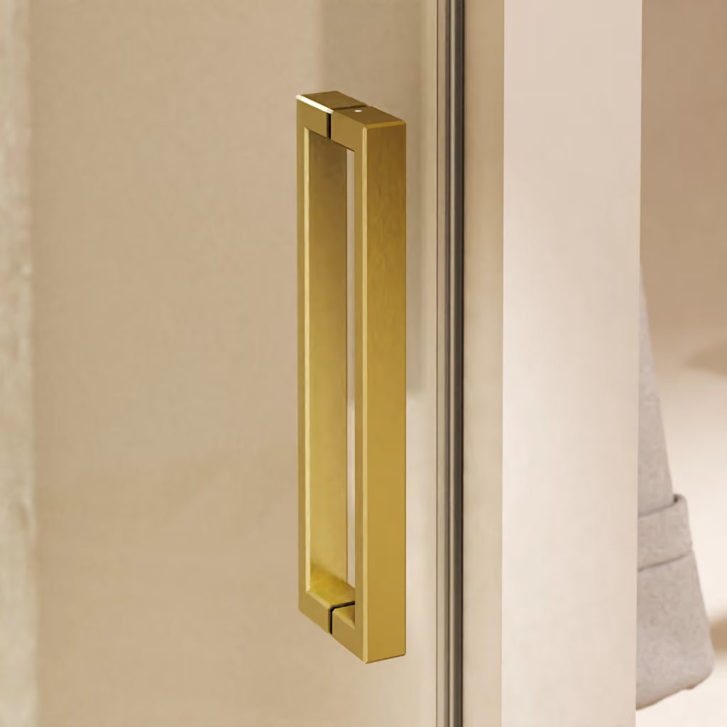 Side panel in brushed brass for Crosswater Asura hinged shower-door, supplied by Deluxe Bathrooms.