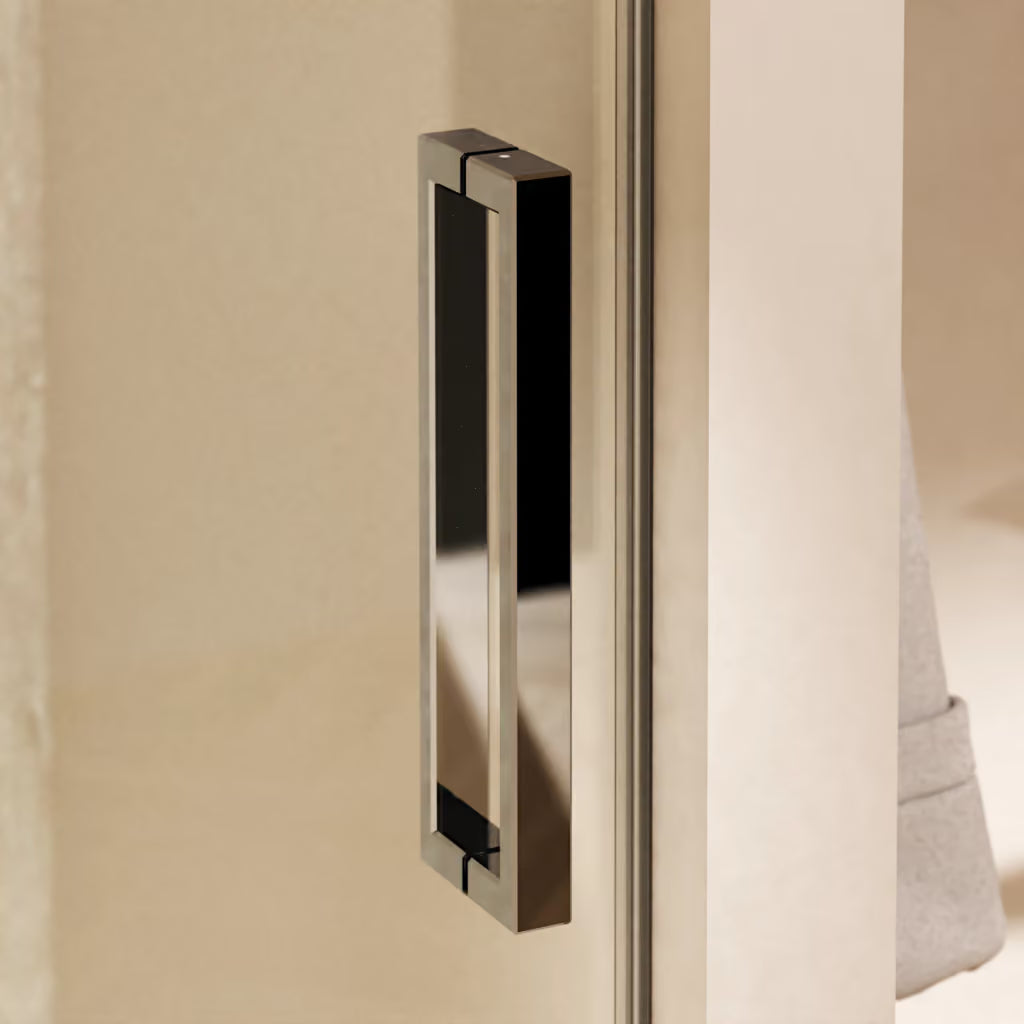 Side panel in chrome for Crosswater Asura hinged shower-door, supplied by Deluxe Bathrooms.