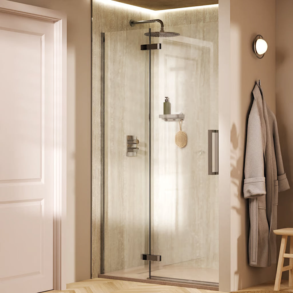 Lifestyle image of the Crosswater Asura hinged shower-door with inline fixed panel in chrome.
