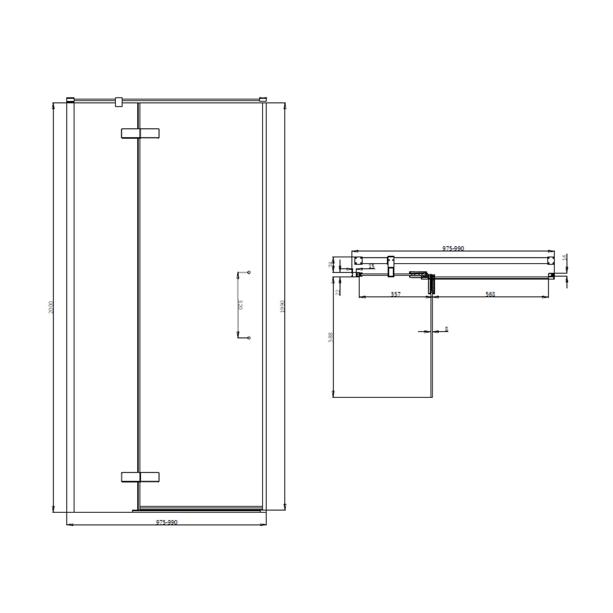 Crosswater Asura Hinged Shower Door with Inline Fixed Panel - Brushed Brass