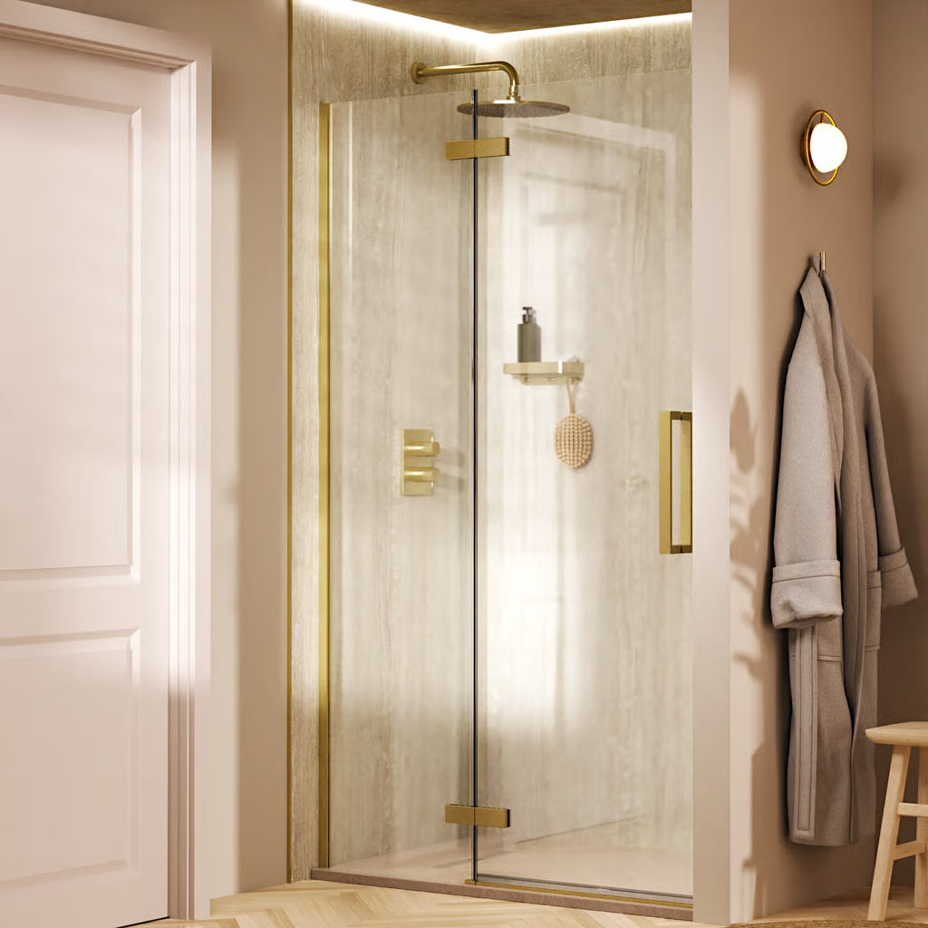 Crosswater Asura Hinged Shower Door with Inline Fixed Panel - Brushed Brass