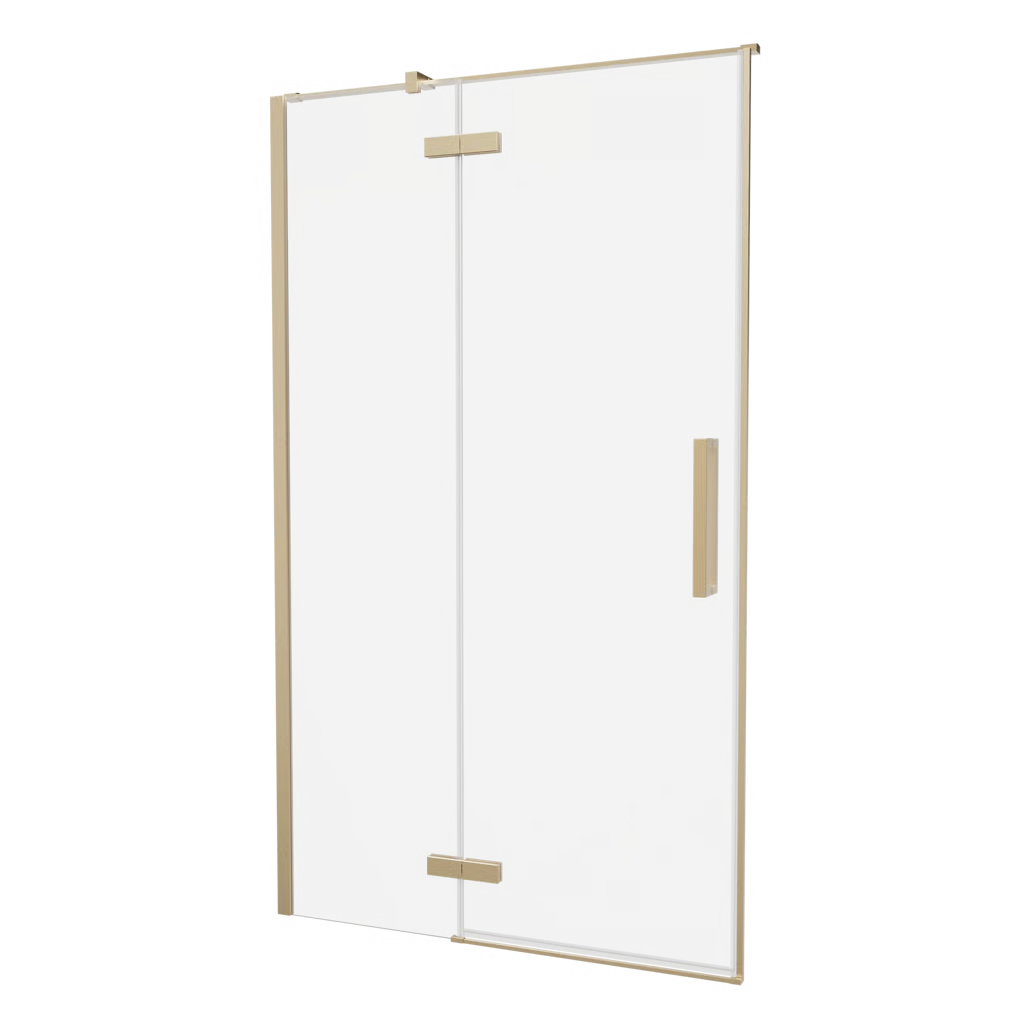 Crosswater Asura hinged shower-door with inline fixed panel in brushed brass.