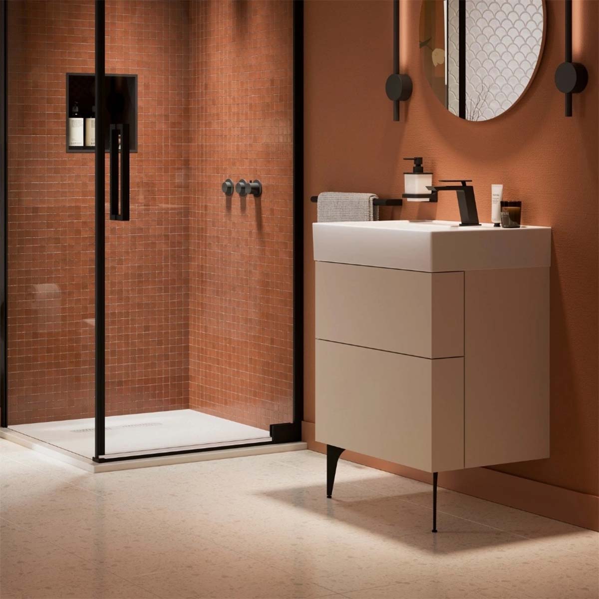 crosswater avenue 600mm 2 drawer wall mounted vanity unit with ceramic basin warm stone