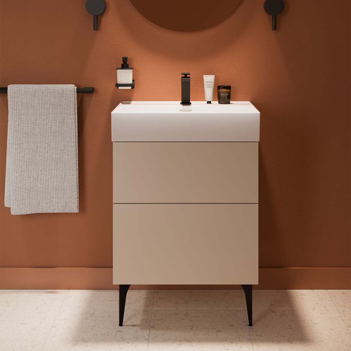 crosswater avenue 600mm 2 drawer wall mounted vanity unit with ceramic basin warm stone