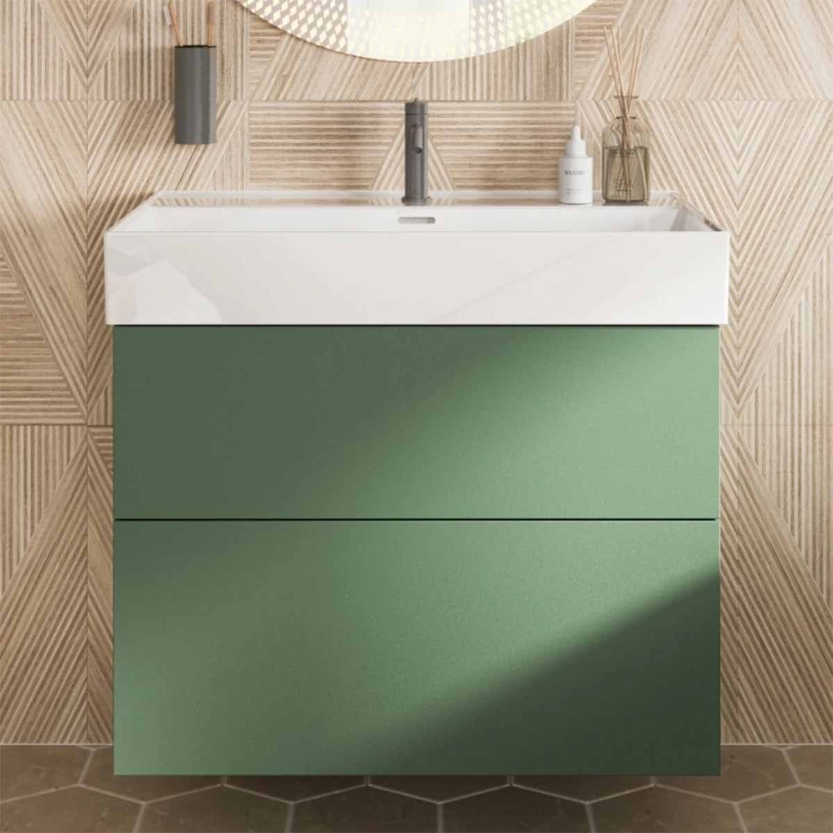 crosswater avenue 800mm 2 drawer wall mounted vanity unit with ceramic basin sage green