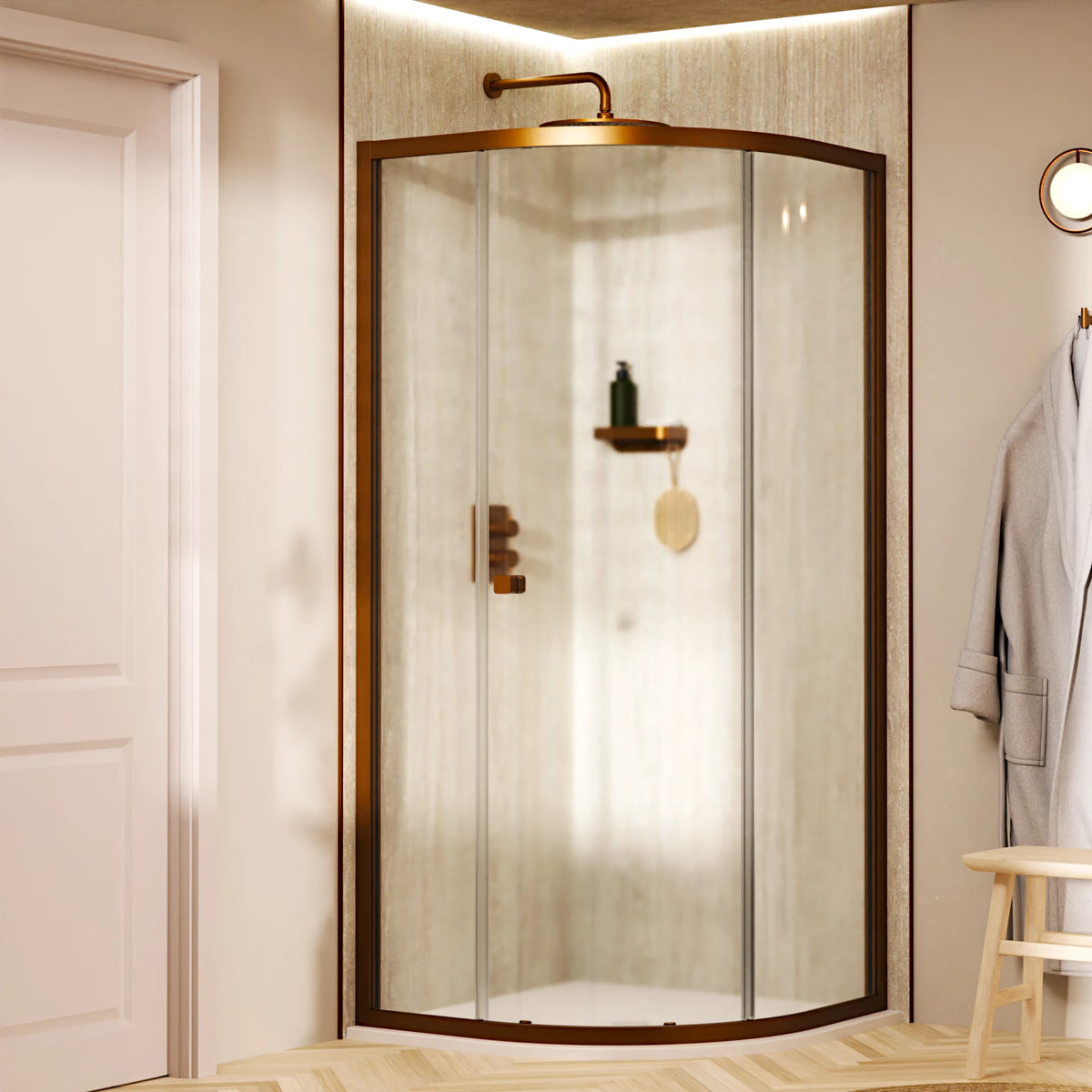 Crosswater Clear 6 shower enclosure with brushed bronze finished frame and clear glass panels, supplied by Deluxe Bathrooms.