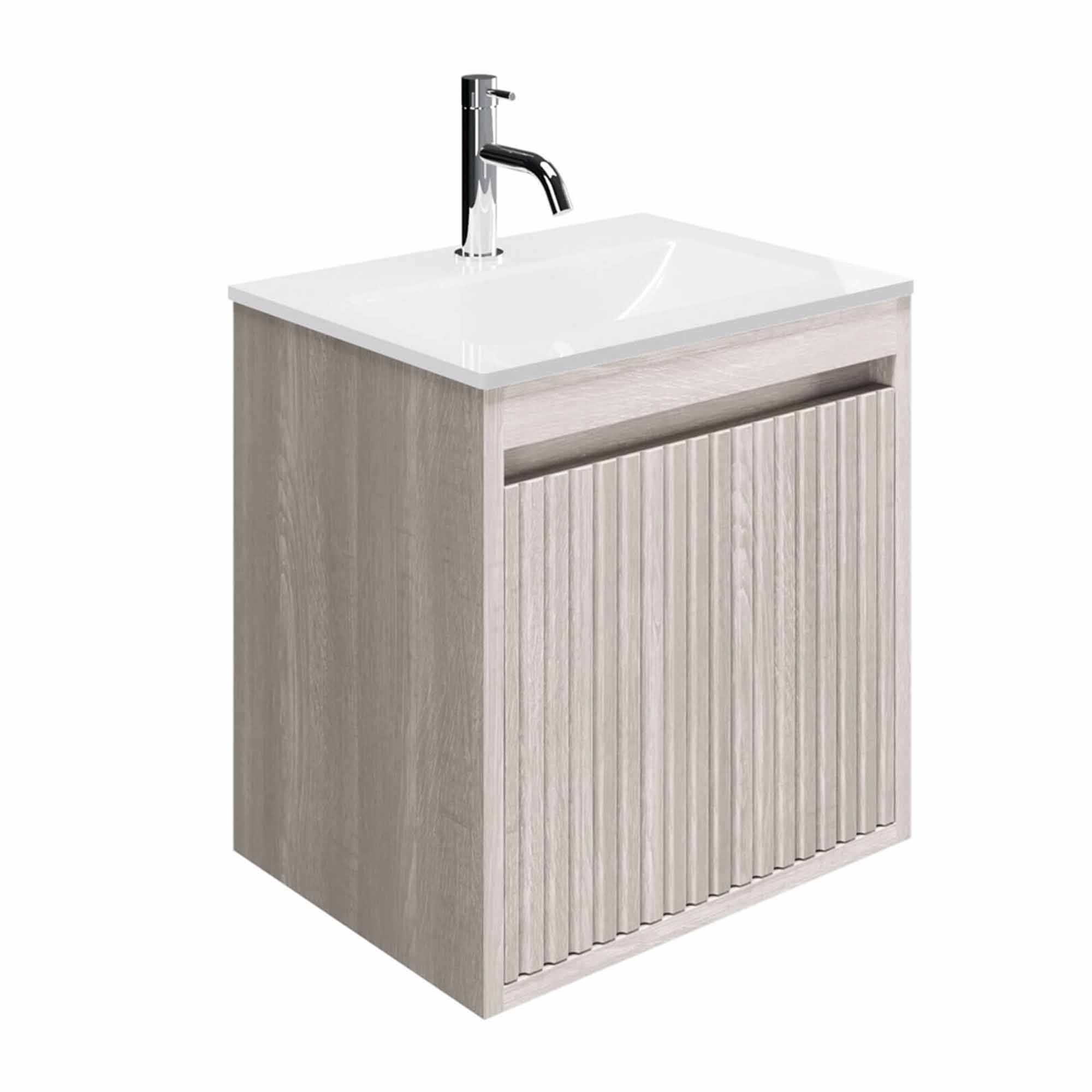 crosswater flute 470mm single drawer wall hung vanity unit with ice white glass basin navarra oak