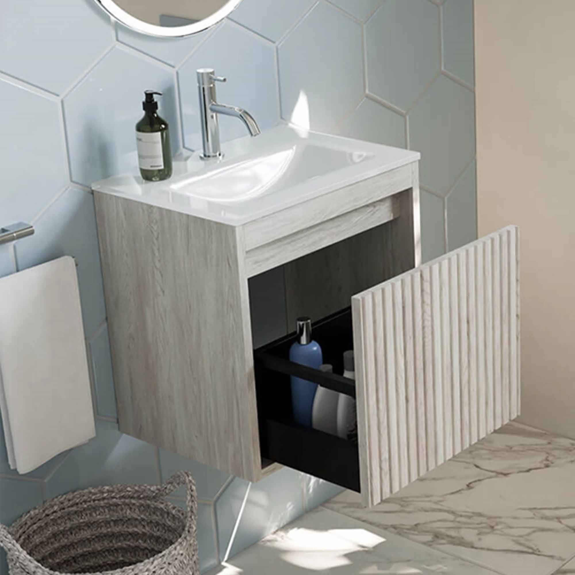 crosswater flute 470mm single drawer wall hung vanity unit with ice white glass basin navarra oak