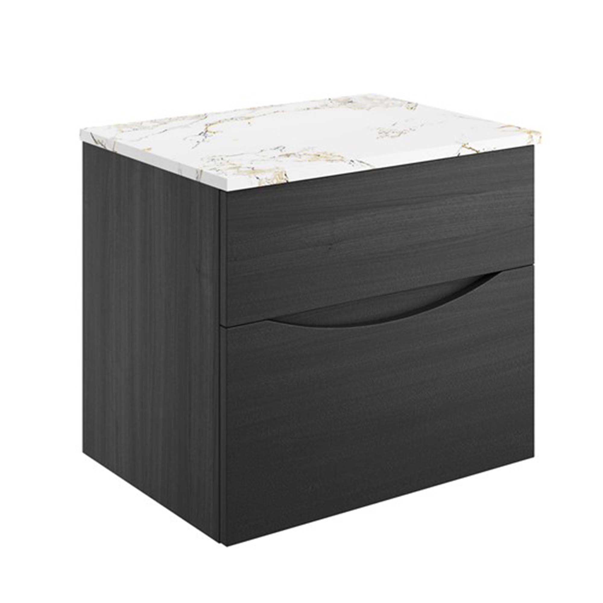 crosswater glide II 600 wall hung vanity unit with gold vein estatuario marble worktop steelwood