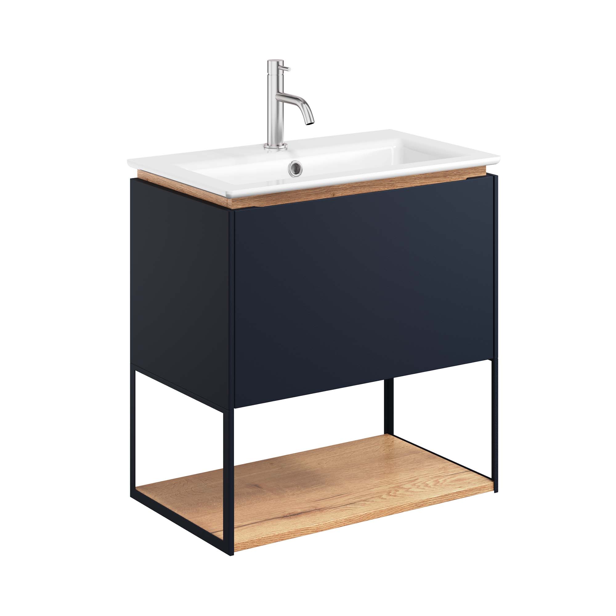 crosswater mada 600 wall mounted vanity unit with mineral marble basin, shelf and frame indigo blue