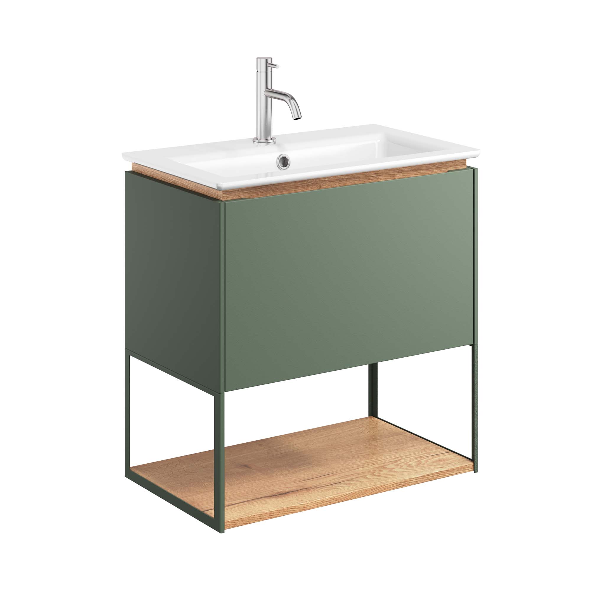 crosswater mada 600 wall mounted vanity unit with mineral marble basin shelf and frame sage green