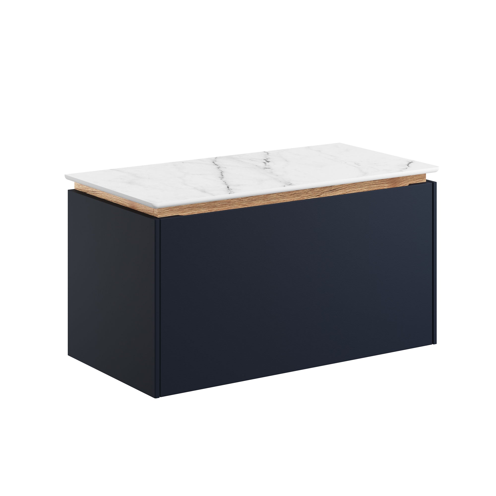 crosswater mada 700 wall mounted vanity unit with carrara marble effect worktop indigo blue