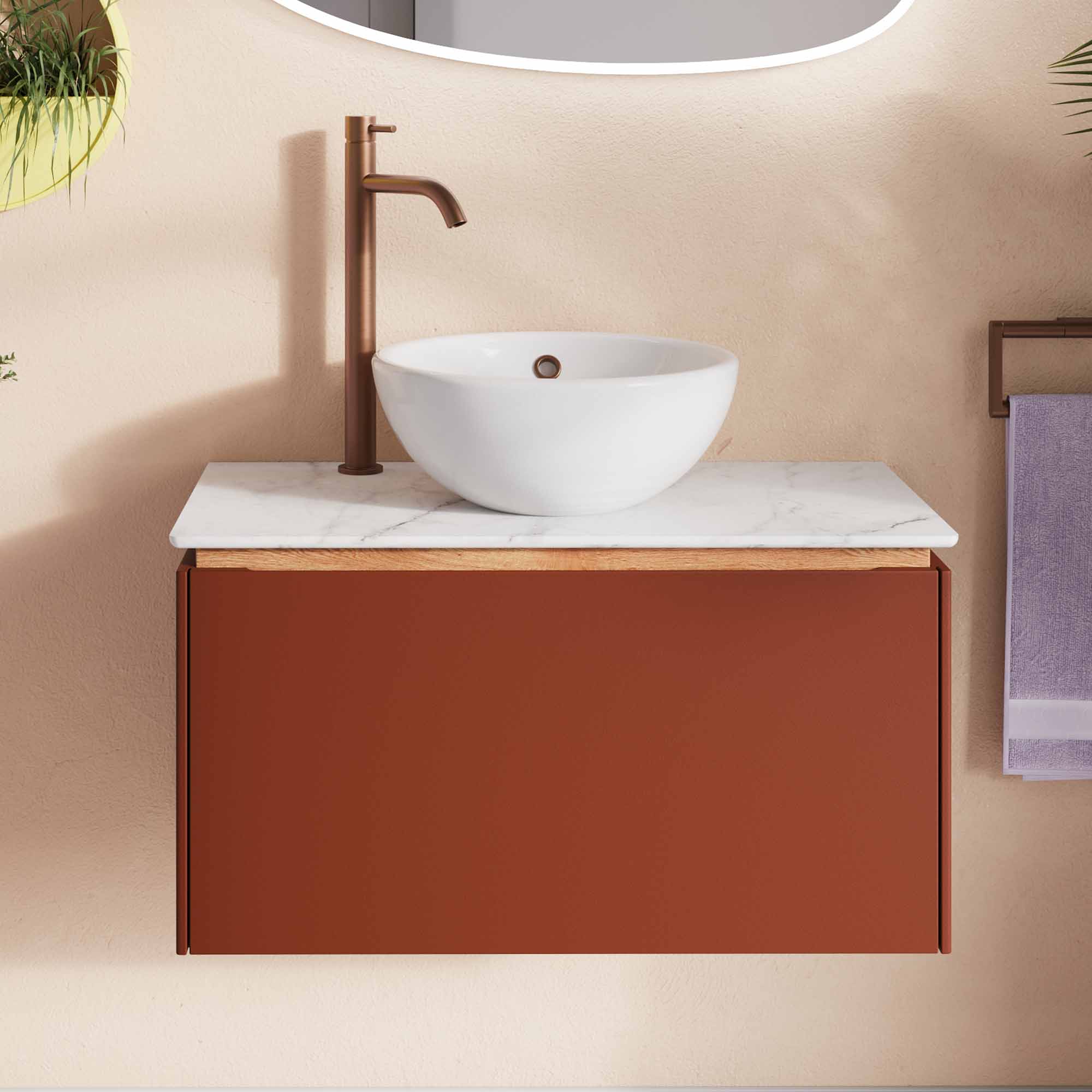 crosswater mada 600 wall mounted vanity unit with carrara marble worktop shelf and frame soft clay