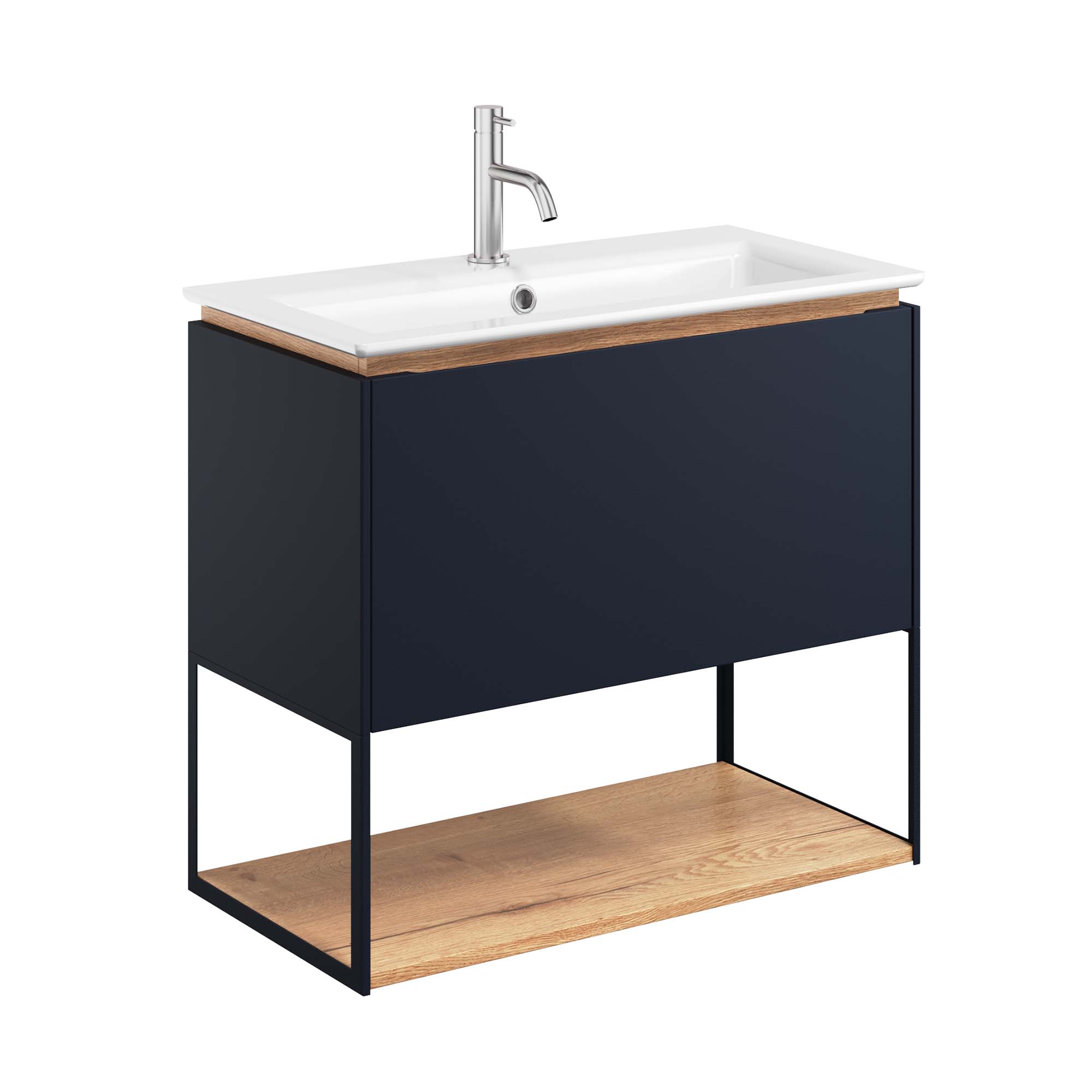 crosswater mada 700 wall mounted vanity unit with mineral marble basin, shelf and frame indigo blue