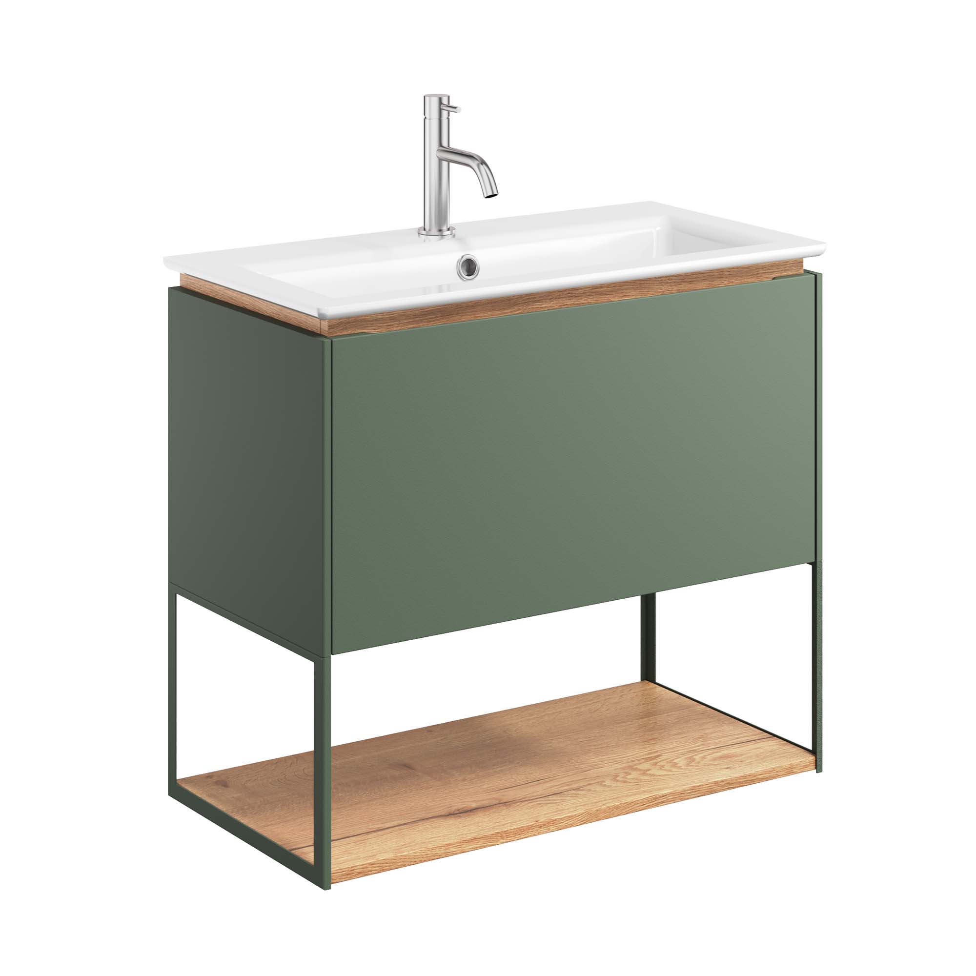 crosswater mada 700 wall mounted vanity unit with mineral marble basin shelf and frame sage green