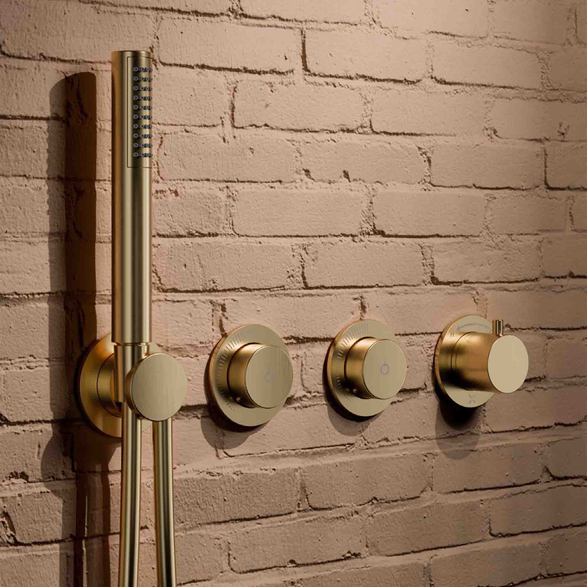 crosswater module mpro push 2 outlet thermostatic shower valve with pencil handset brushed brass