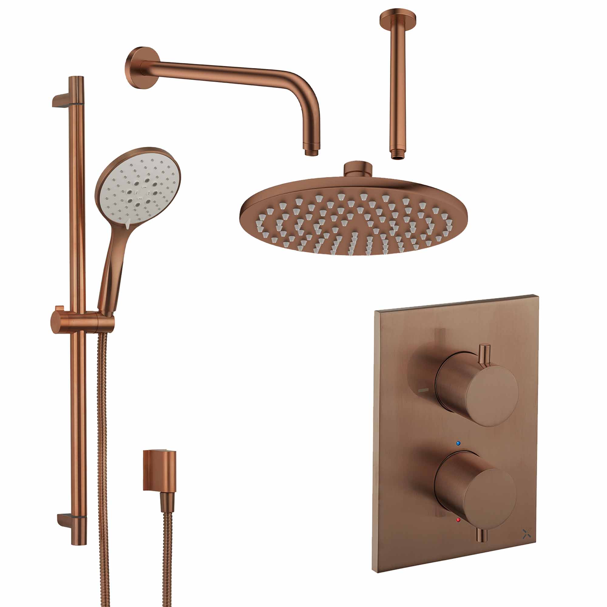 crosswater mpro 2 outlet thermostatic shower valve with slide rail handset and fixed overhead brushed bronze