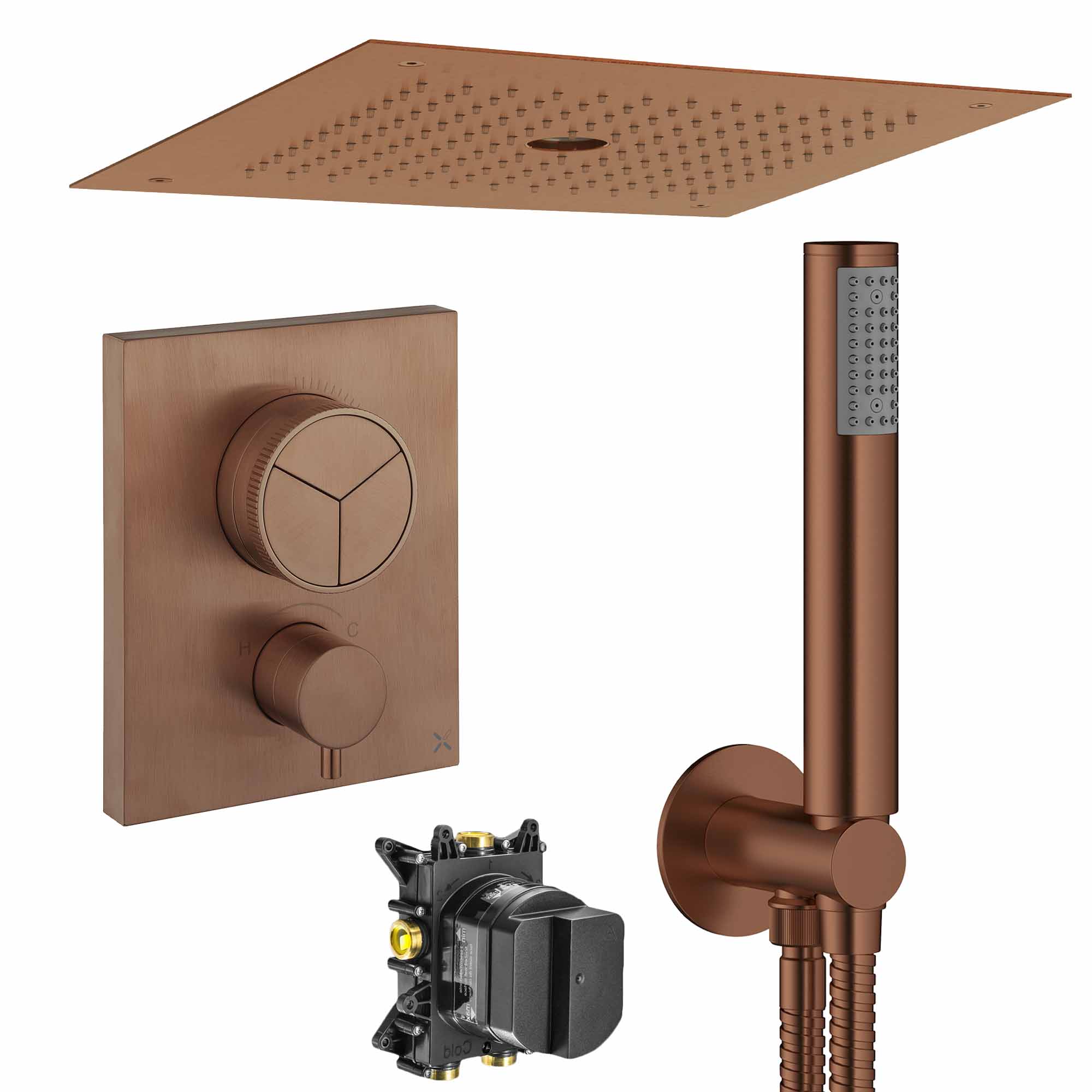 Crosswater MPRO 3 Outlet Push Button Thermostatic Shower Valve With Pencil Handset and Fixed Overhead Brushed Bronze