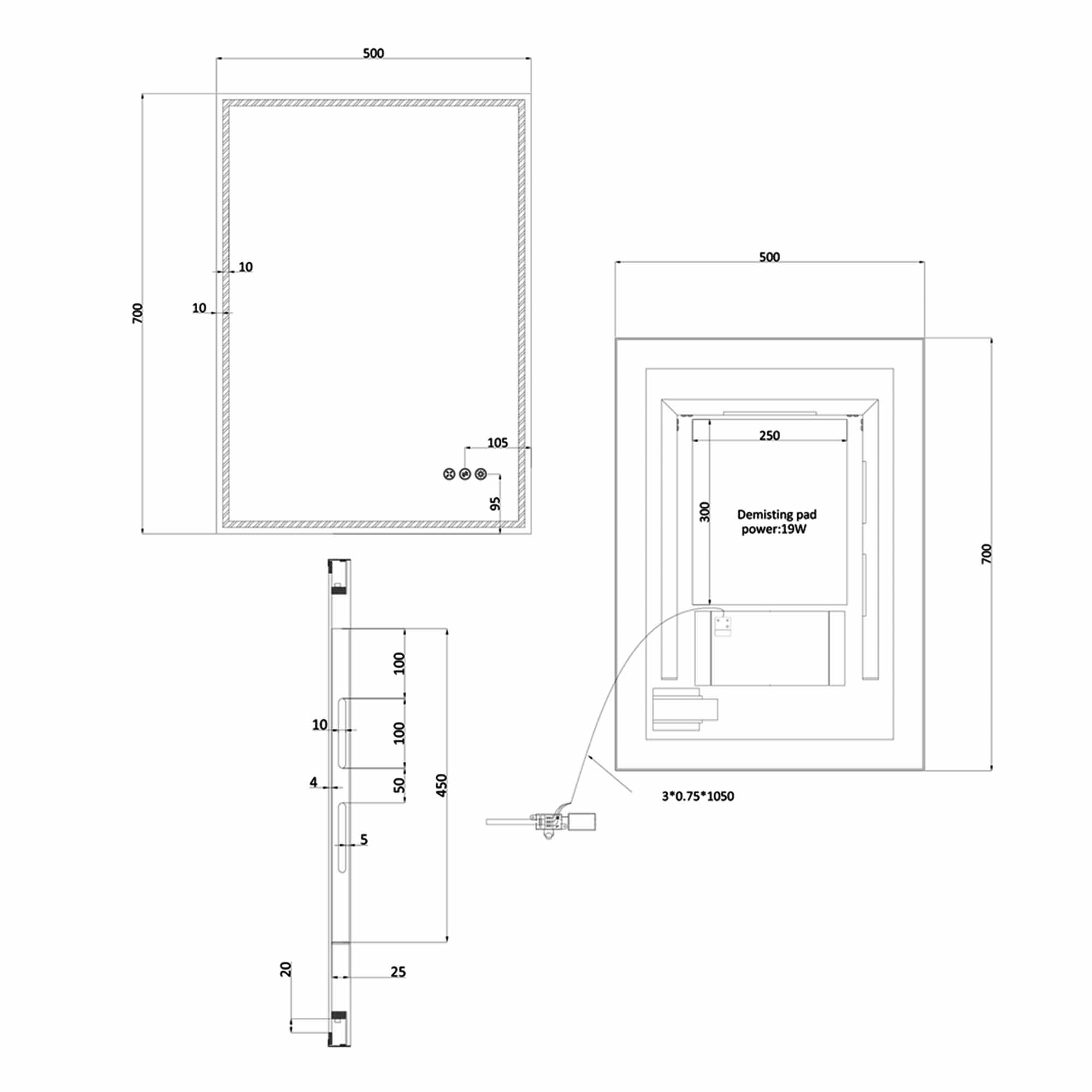 crosswater mpro led mirror 500x700mm dimensions