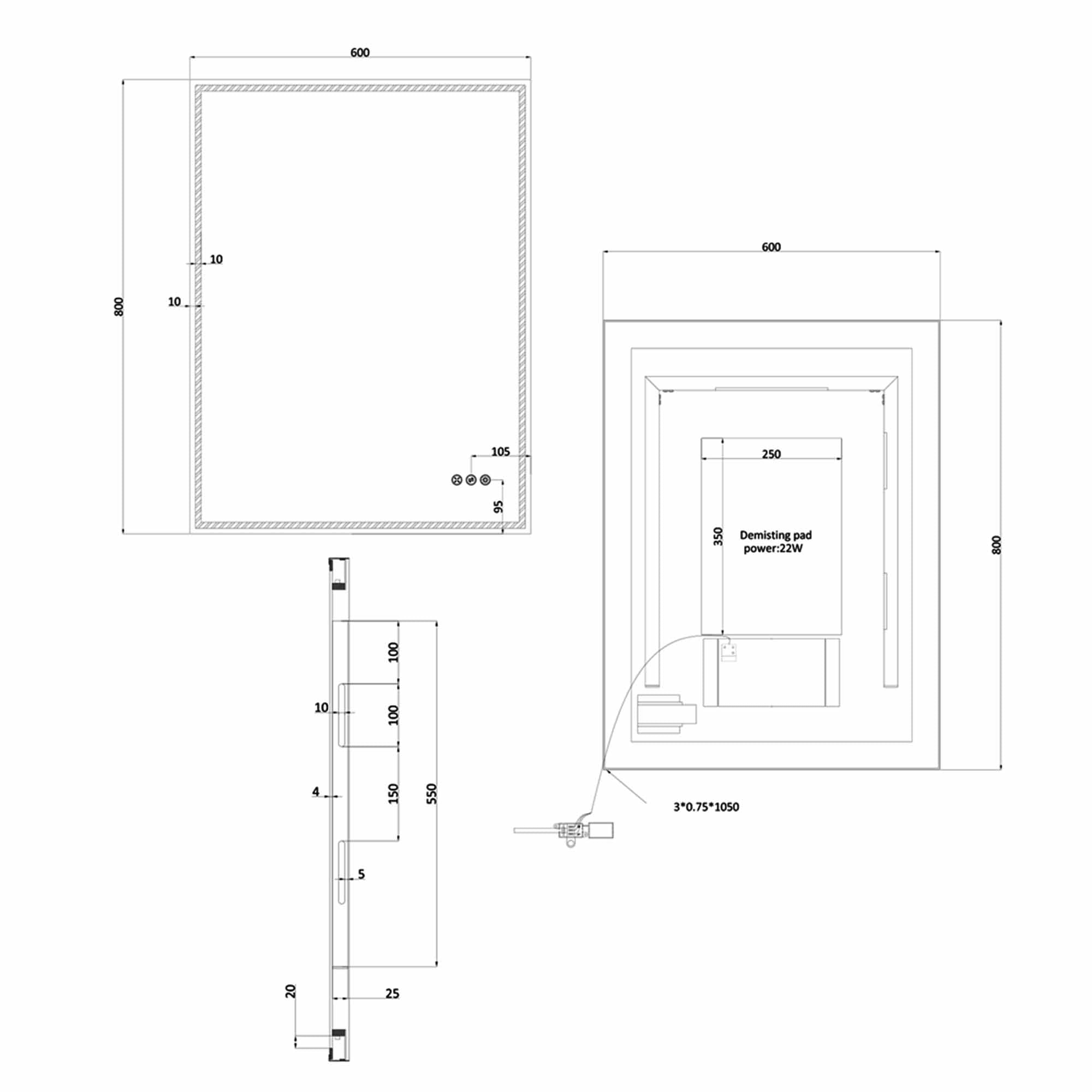 crosswater mpro led mirror 600x800mm dimensions