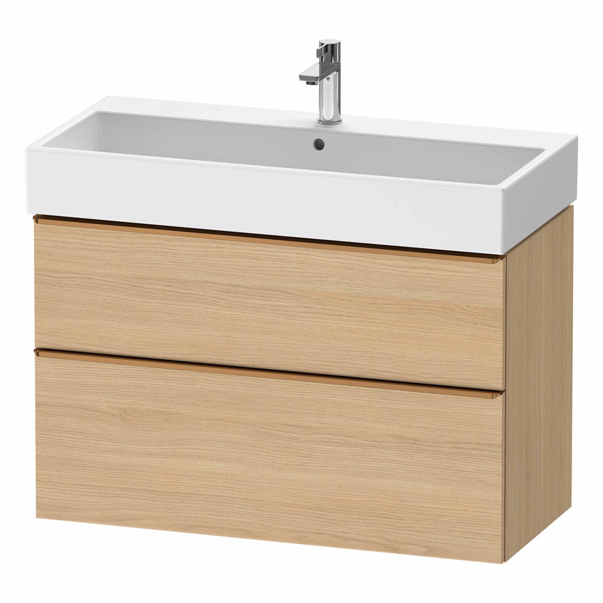 duravit d-neo 1000 wall mounted vanity unit with vero basin natural oak brushed bronze handles