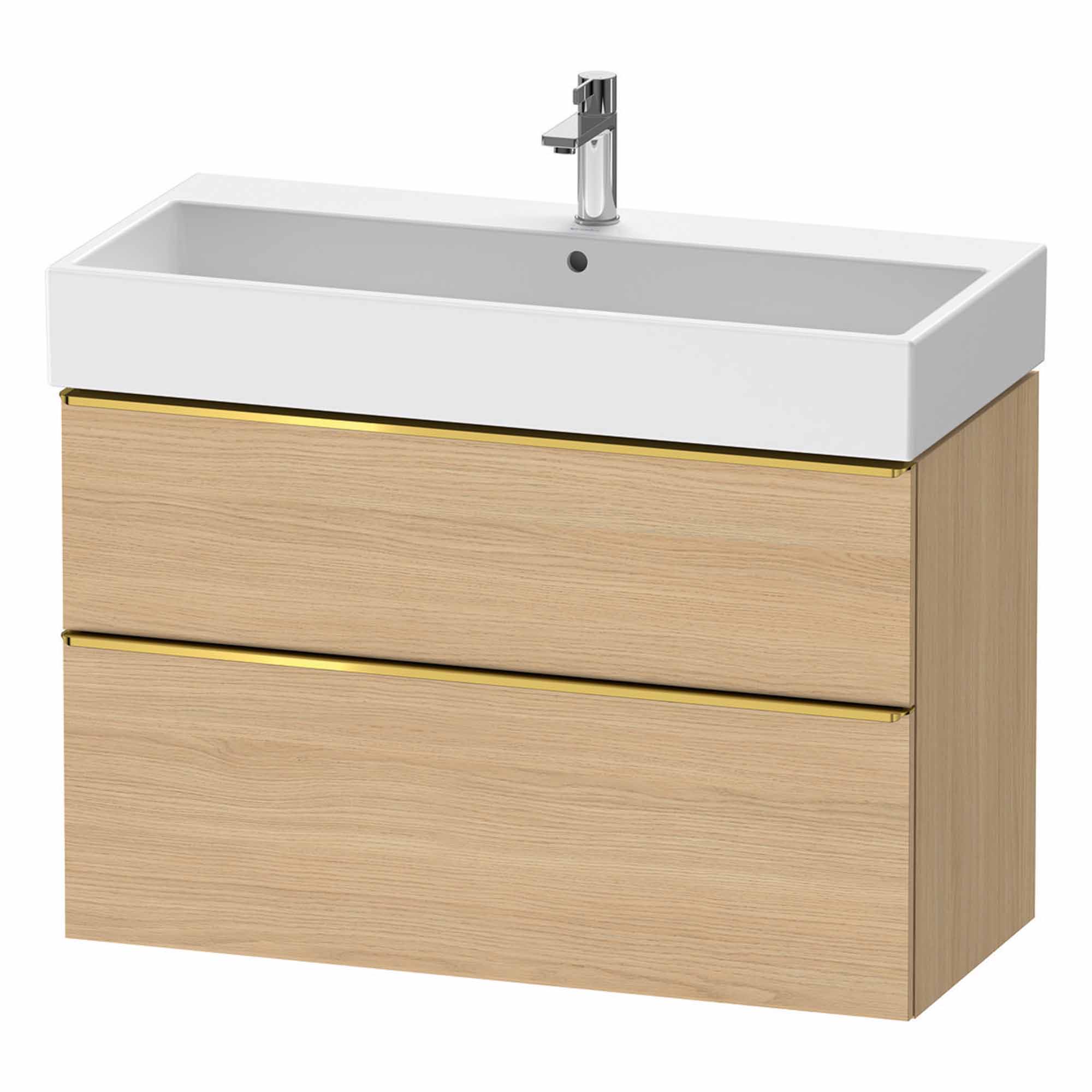 duravit d-neo 1000 wall mounted vanity unit with vero basin natural oak gold handles