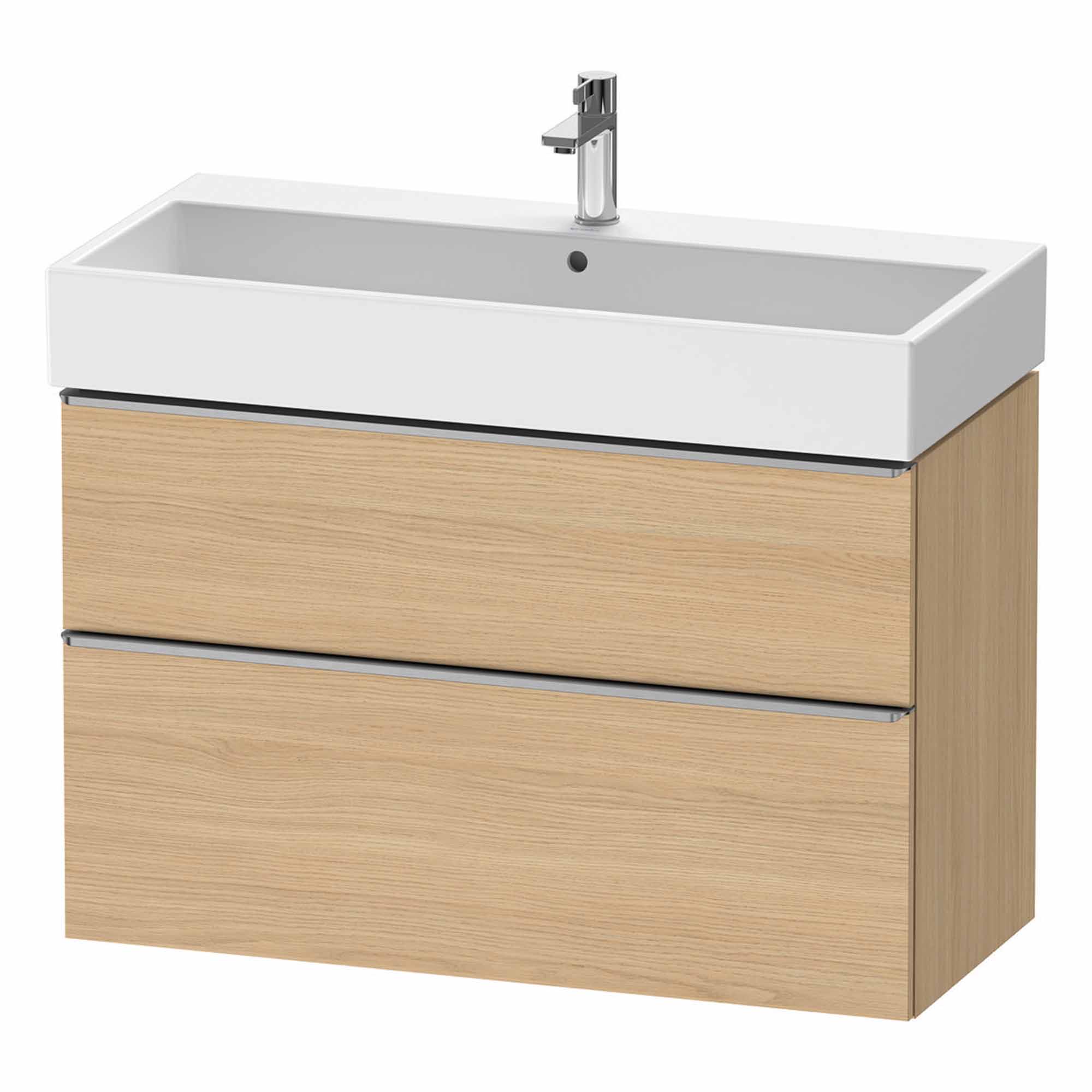 duravit d-neo 1000 wall mounted vanity unit with vero basin natural oak stainless steel handles