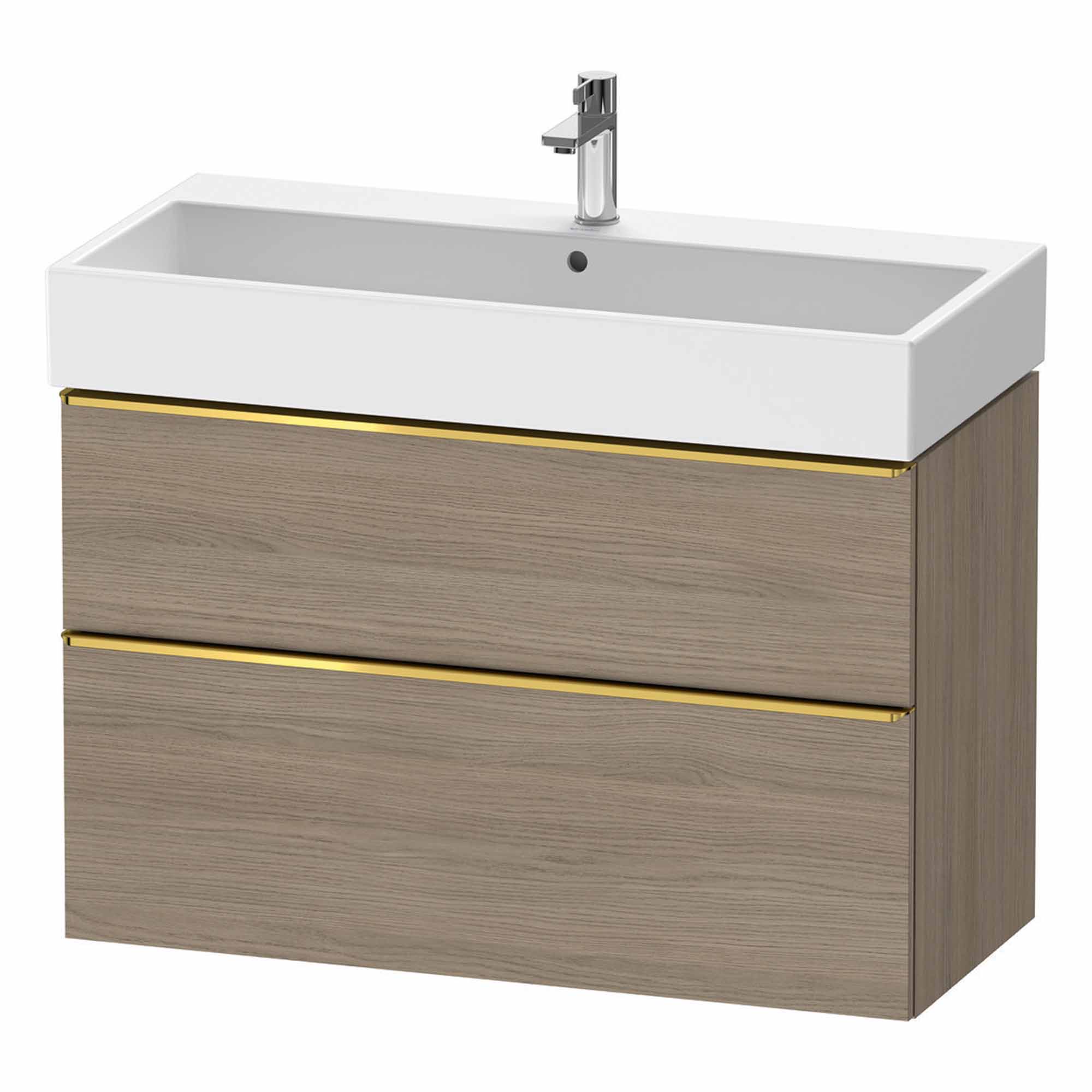 duravit d-neo 1000 wall mounted vanity unit with vero basin oak terra gold handles