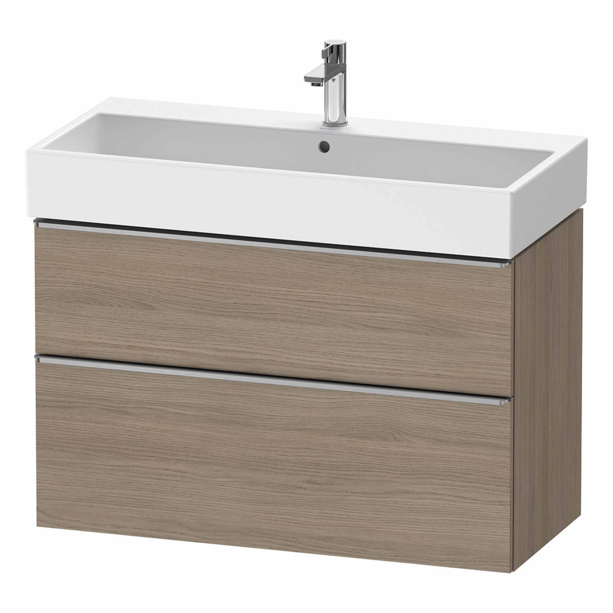 duravit d-neo 1000 wall mounted vanity unit with vero basin oak terra stainless steel handles