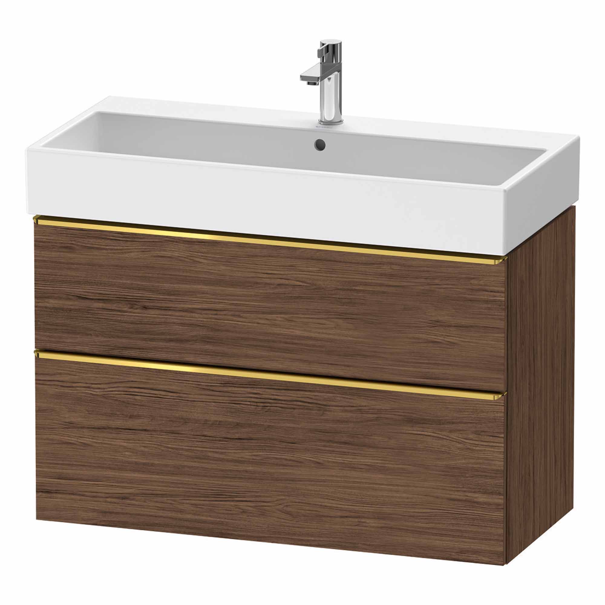 duravit d-neo 1000 wall mounted vanity unit with vero basin walnut dark gold handles