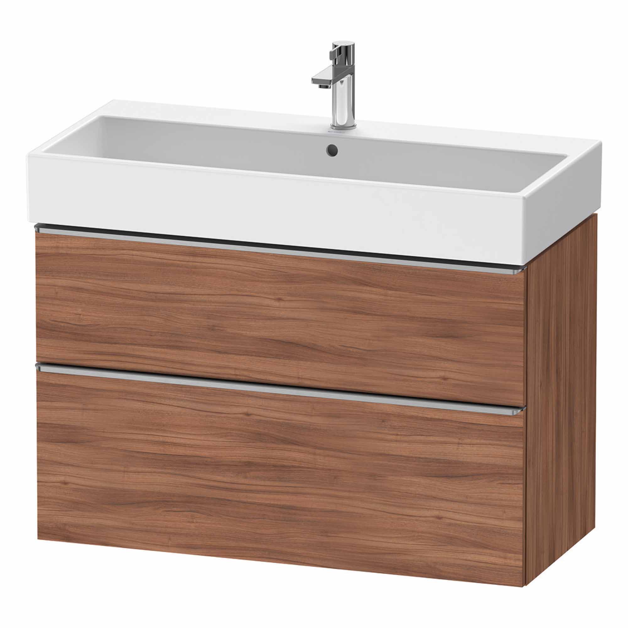 duravit d-neo 1000 wall mounted vanity unit with vero basin walnut stainless steel handles