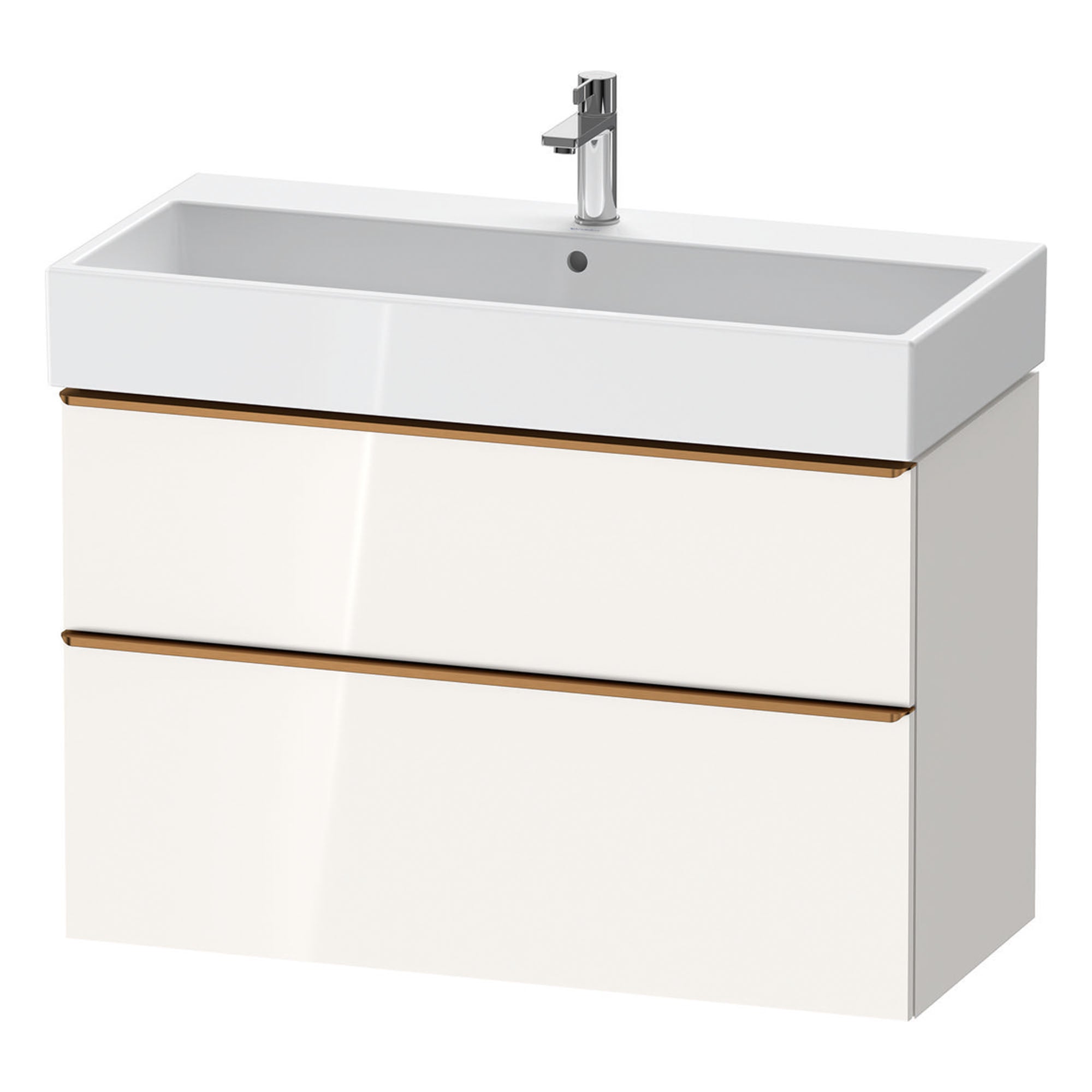 duravit d-neo 1000 wall mounted vanity unit with vero basin white gloss brushed bronze handles